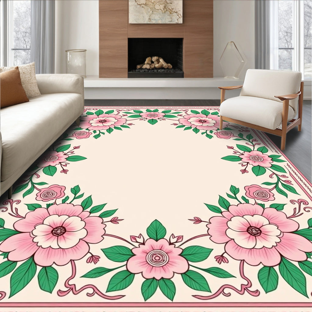 Sweet Pink Floral Garland Border Rug