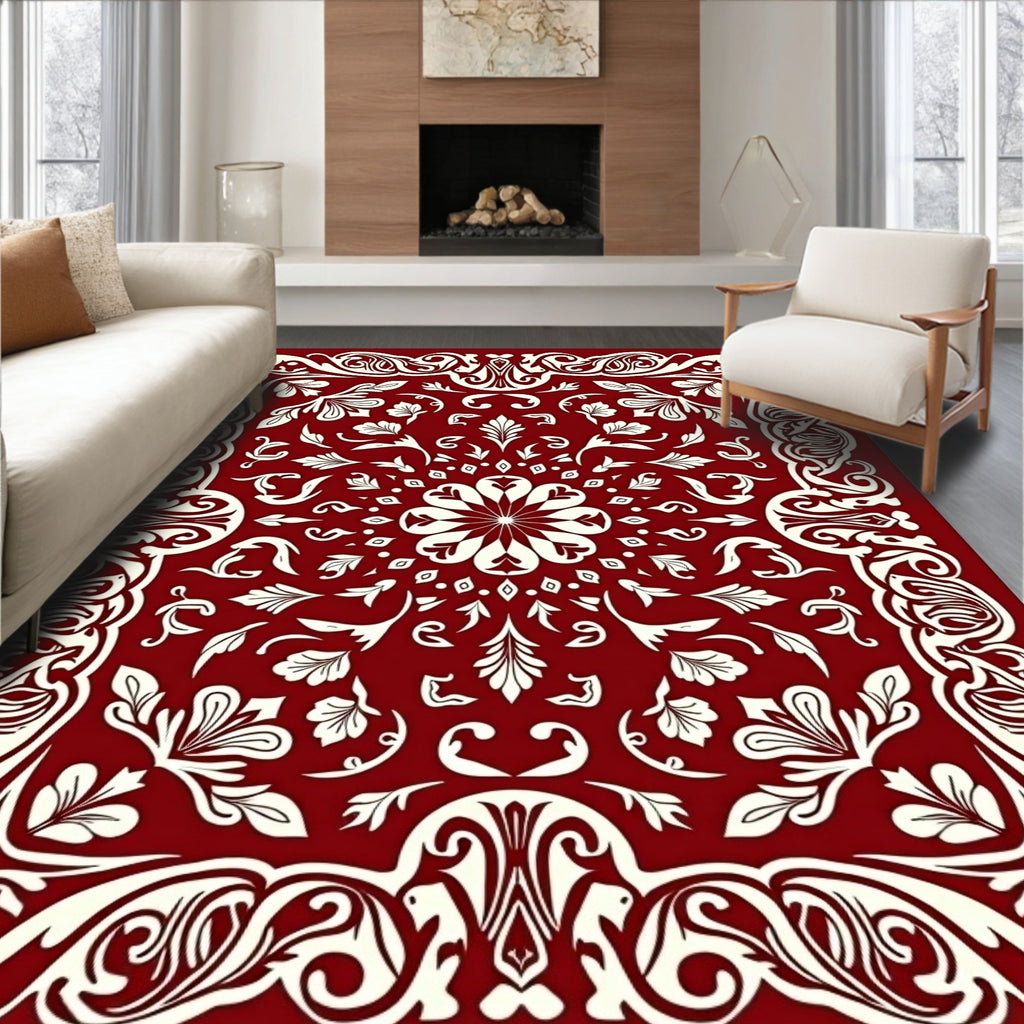 Rich Red Floral Swirl Pattern Rug