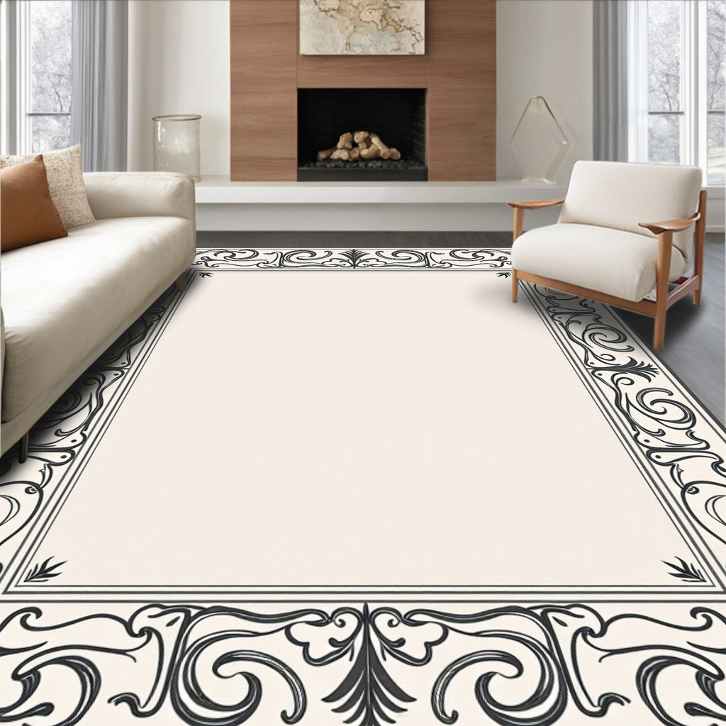 Ornate Scrollwork Black Border Design Rug