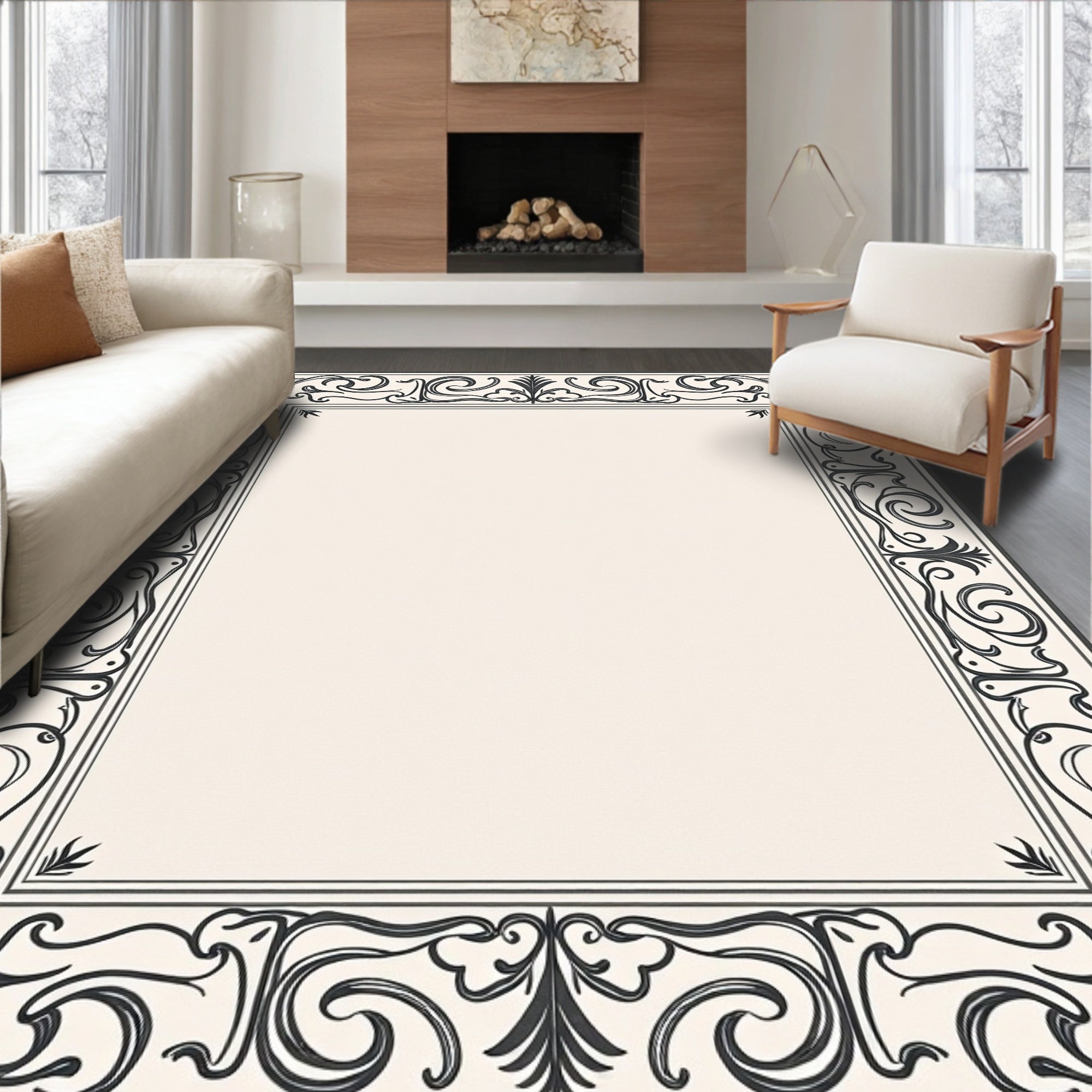 Ornate Scrollwork Black Border Design Rug