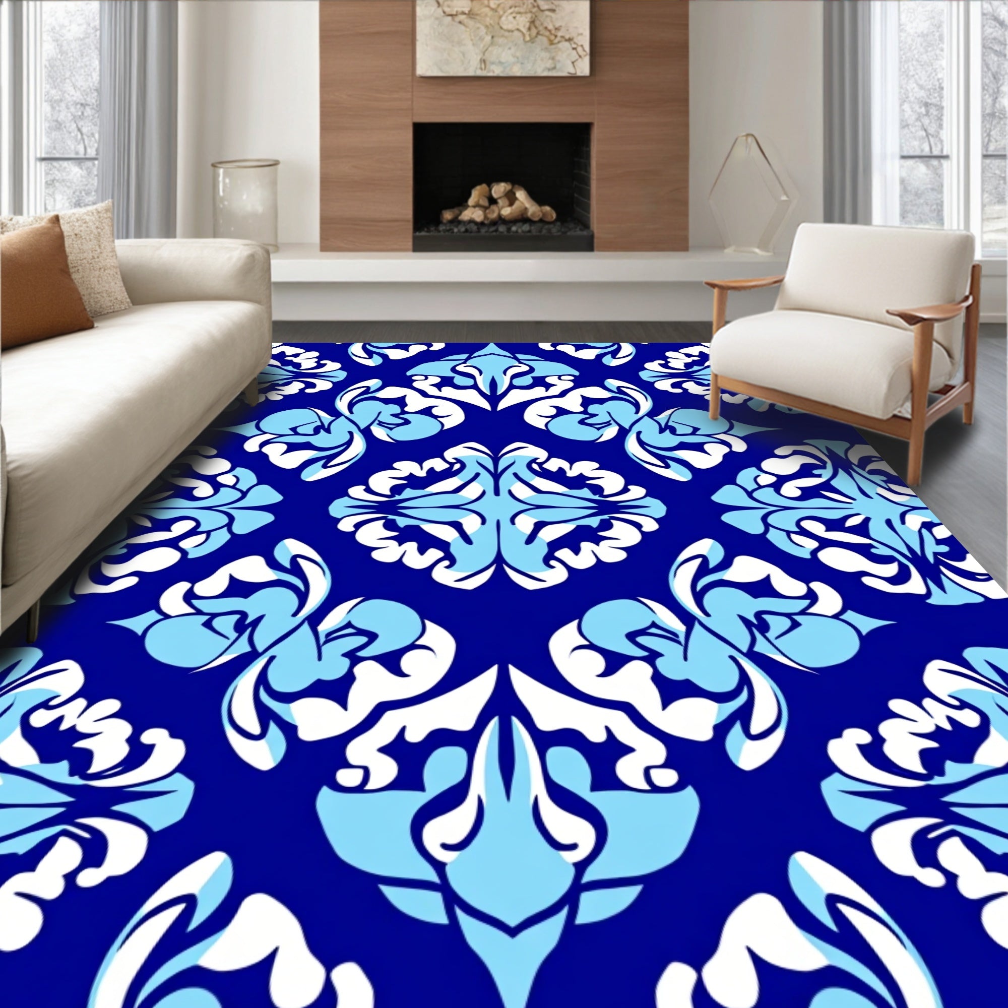 Bold Blue White Floral Pattern Rug