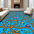 Bright Blue Road Trip Cars Trees Rug