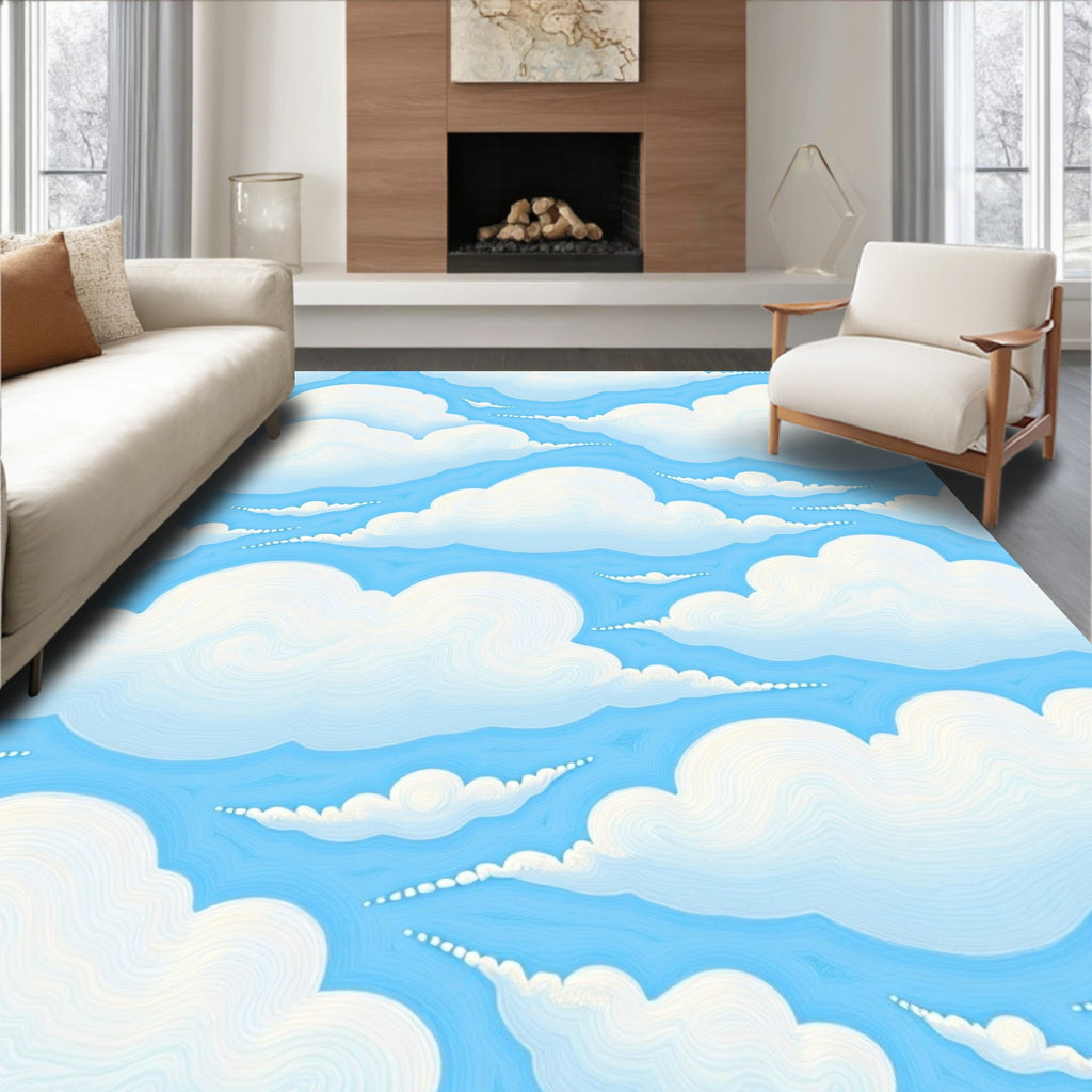 Sky Blue White Cloudscape Print Rug