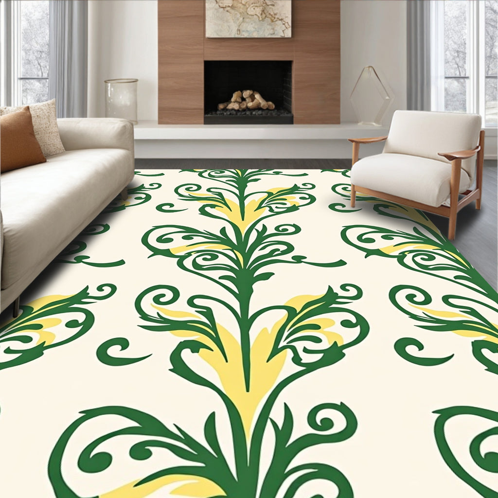 Green Yellow Scrollwork Floral Accents Rug