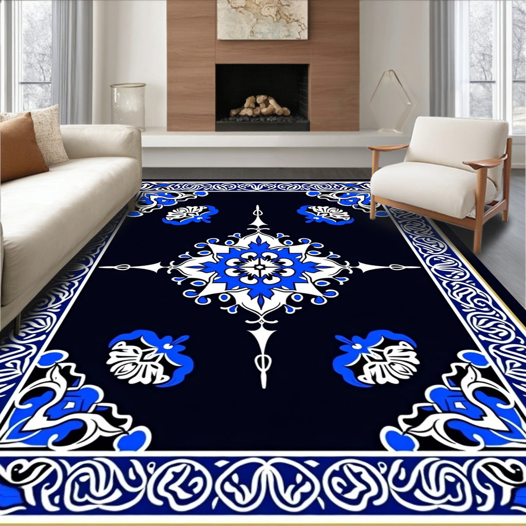 Bold Blue White Geometric Floral Pattern Rug
