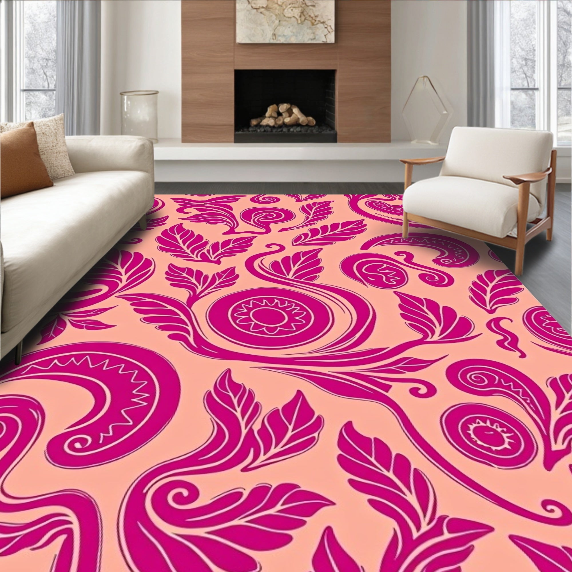 Vibrant Fuchsia Swirl Leaf Pattern Rug