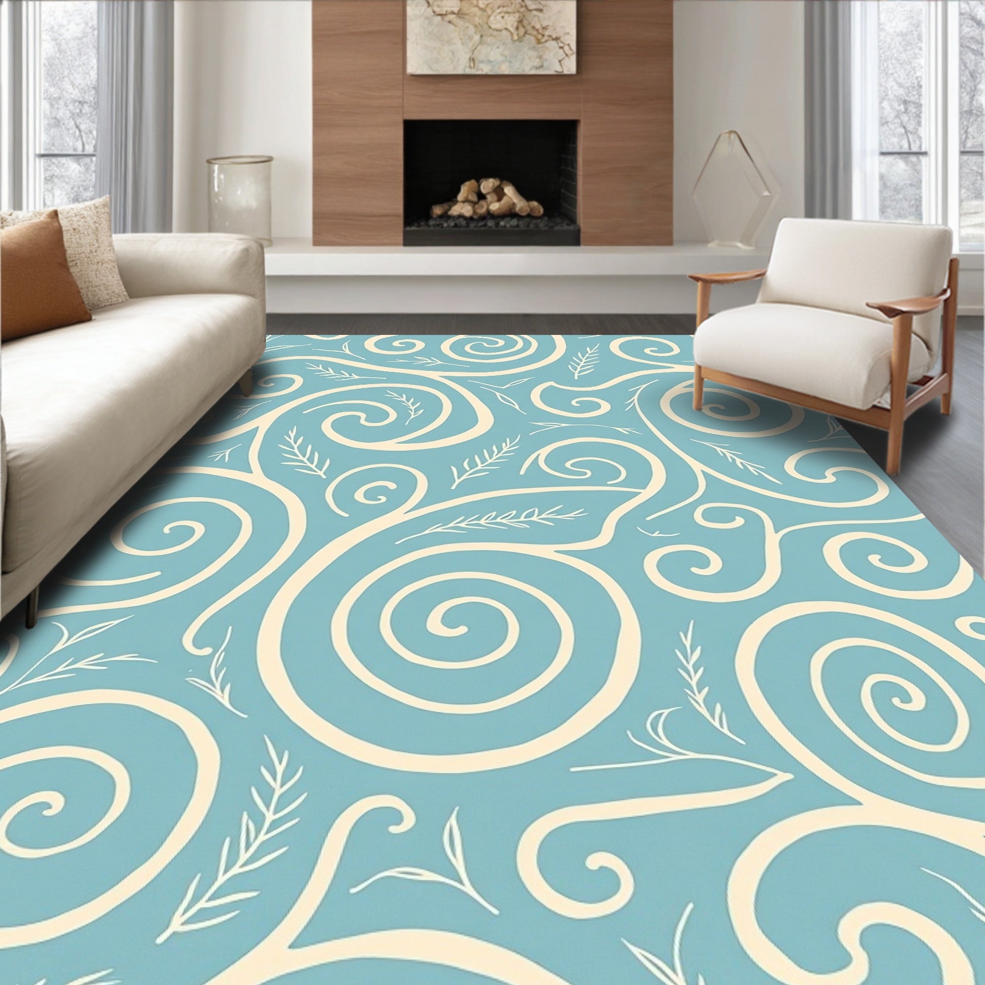 Coastal Swirls And Leaf Pattern Rug