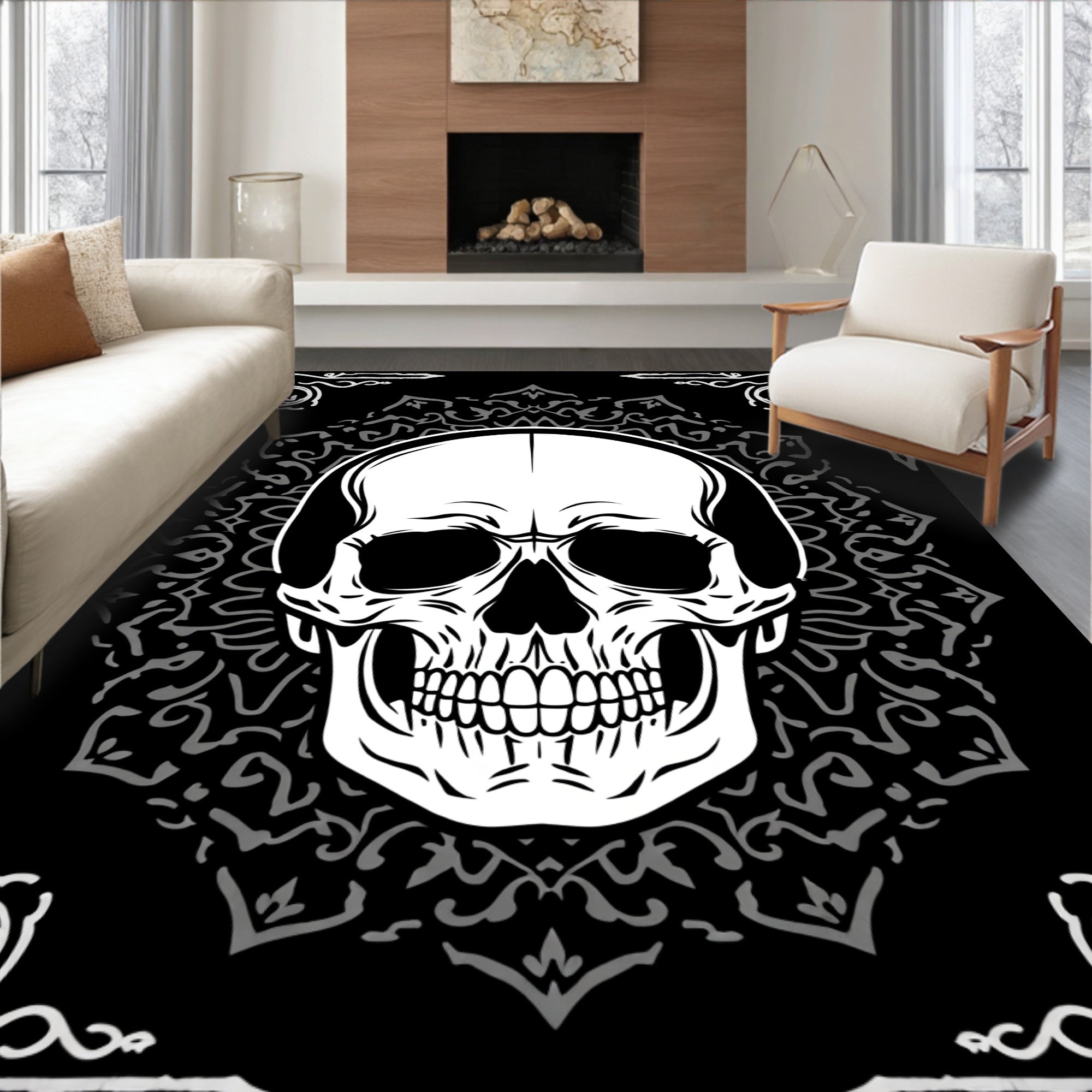 Black White Skull Mandala Frame Rug
