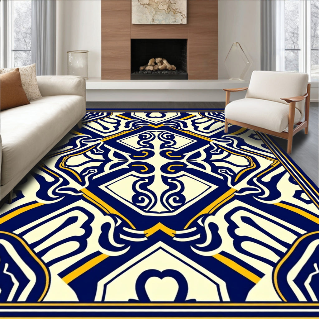 Ornate Blue Yellow Geometric Pattern Rug