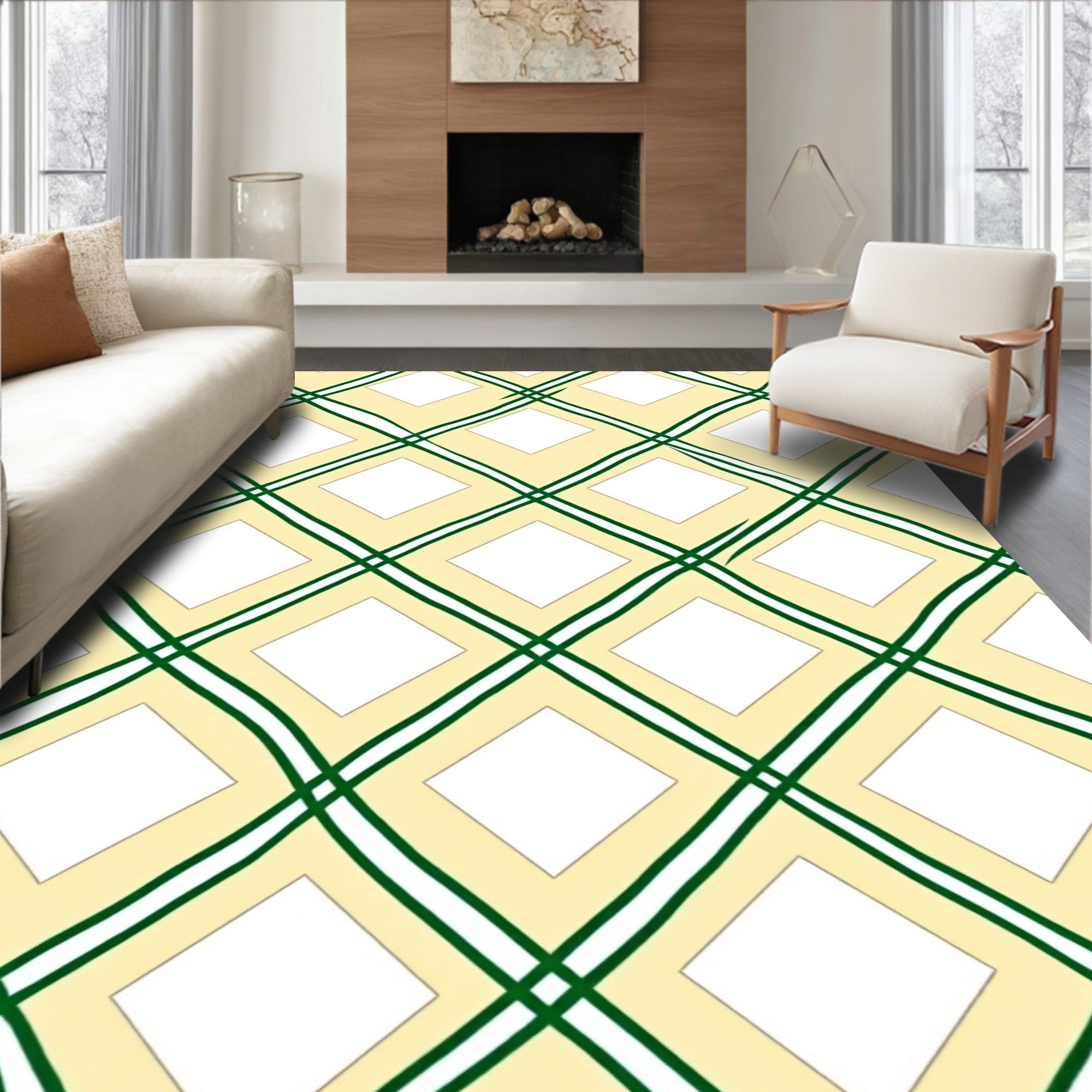 Cream Yellow Green Diamond Lattice Rug