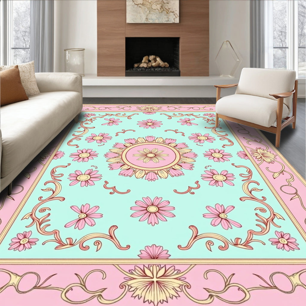 Pink Floral Detailed Pastel Rug