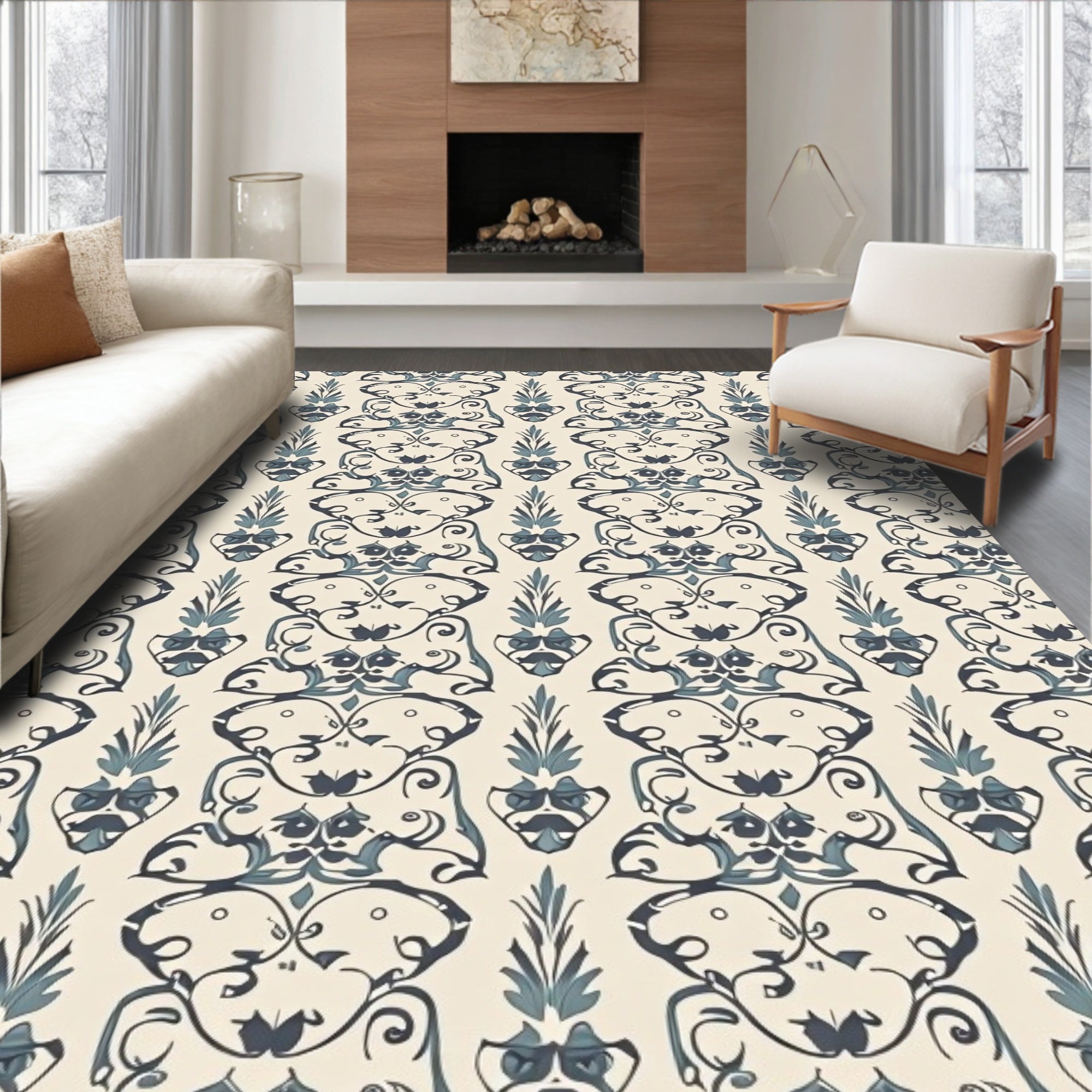 Ornate Scrollwork Indigo Pattern Rug