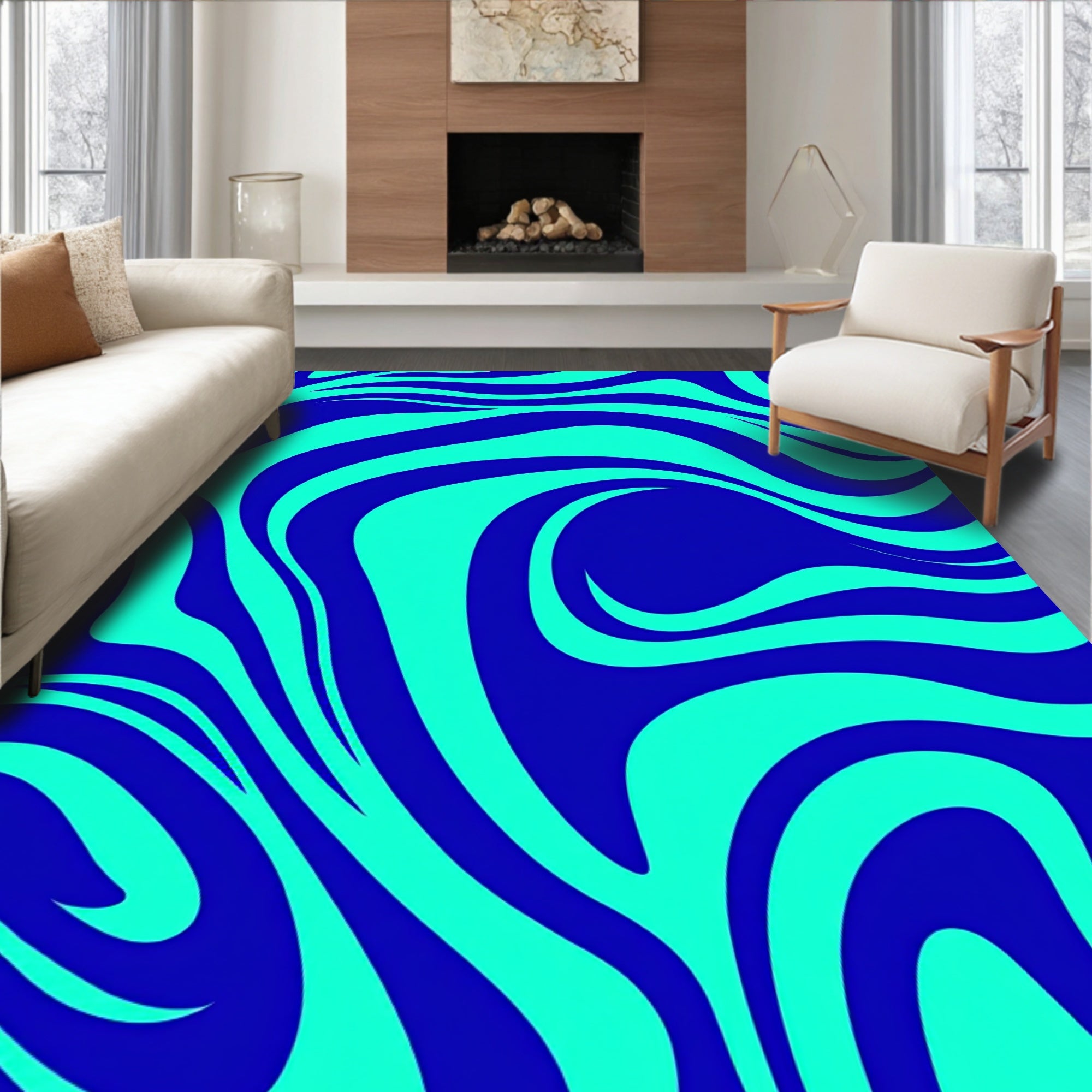 Bold Blue Aqua Swirl Pattern Rug