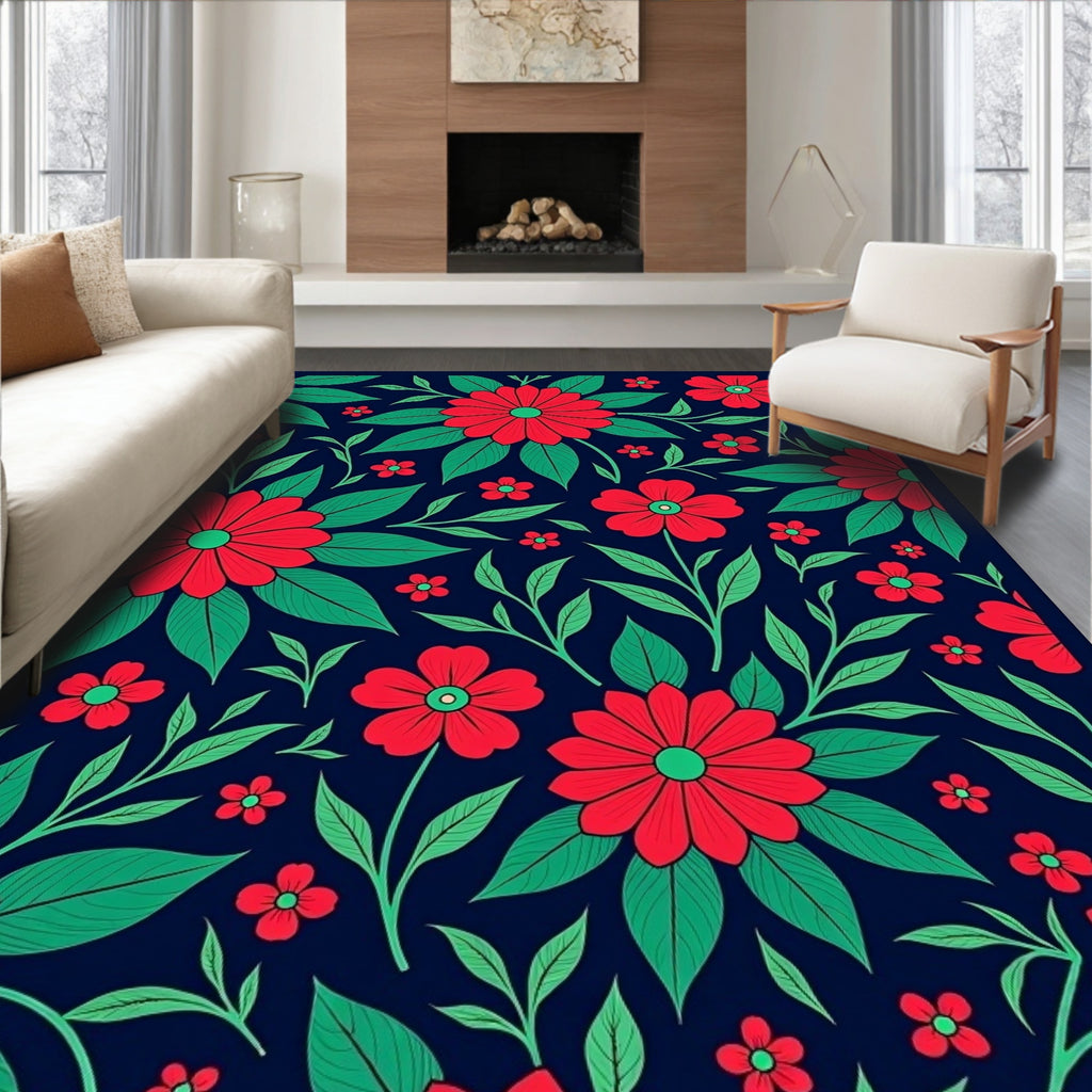 Vibrant Red Floral Patterned Rug