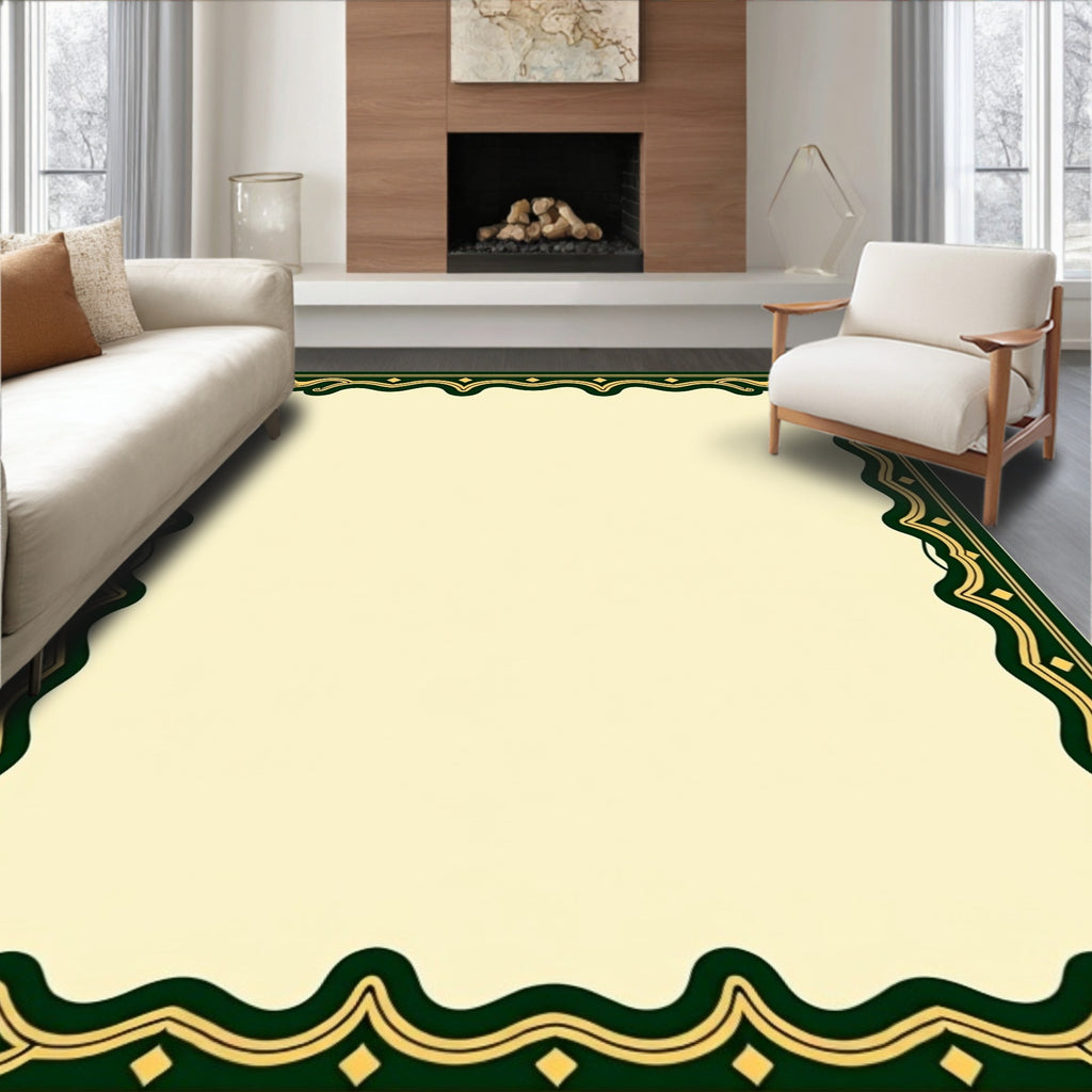 Ornate Green and Gold Damask Pattern Rug