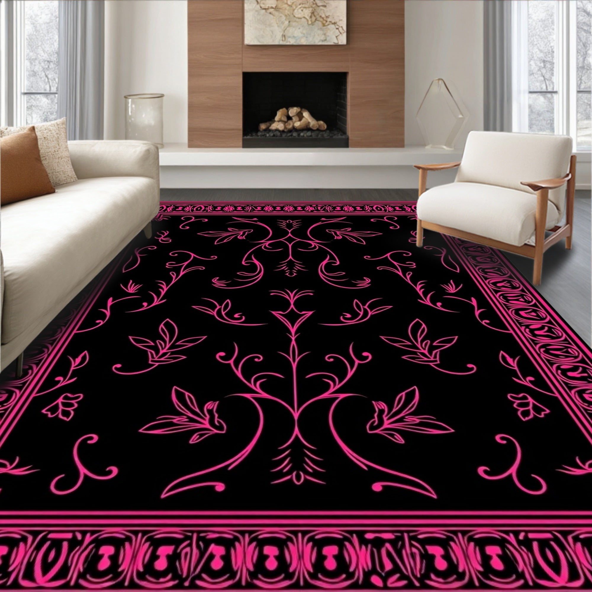Bold Hot Pink Floral Frame Design Rug