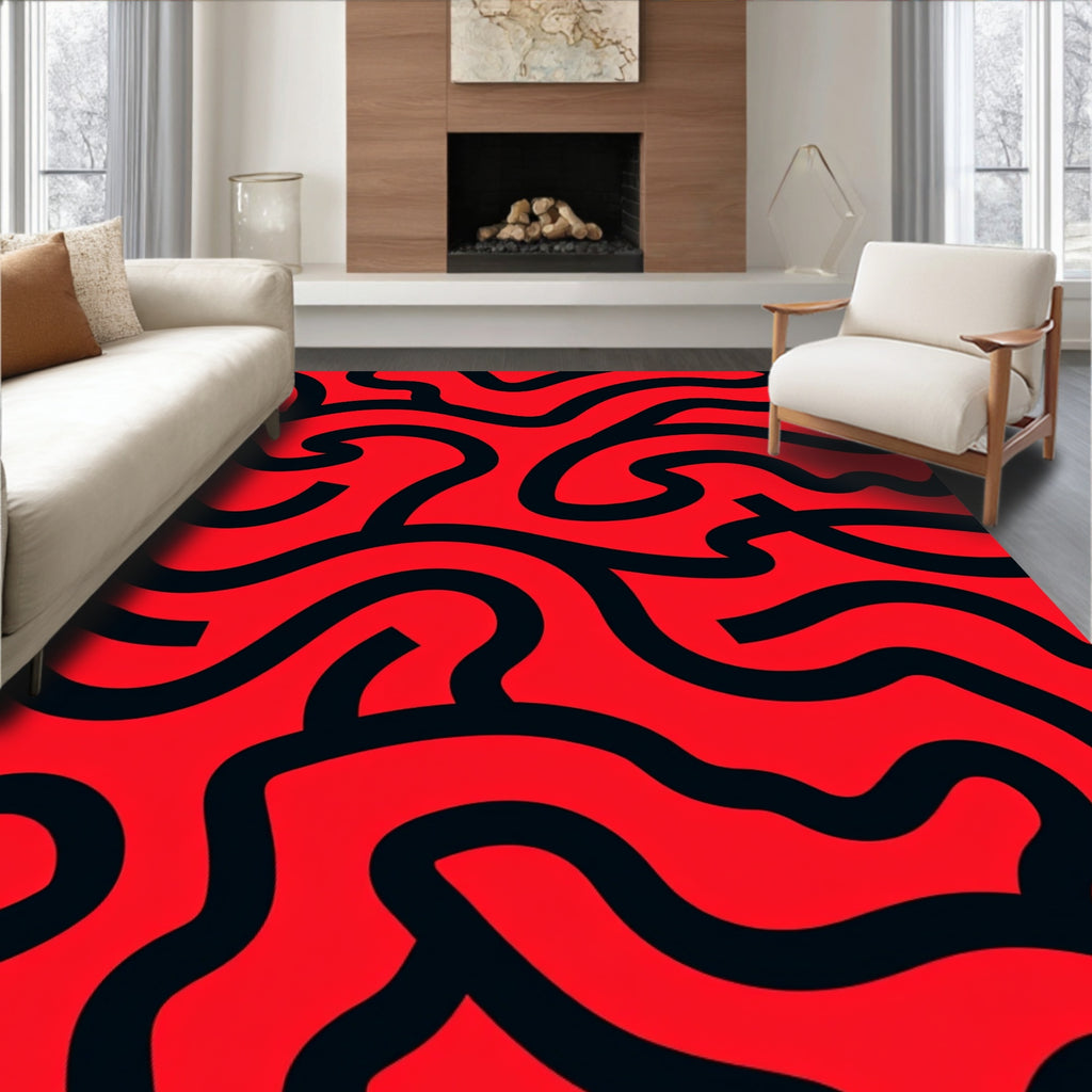 Abstract Red Black Swirl Pattern Rug