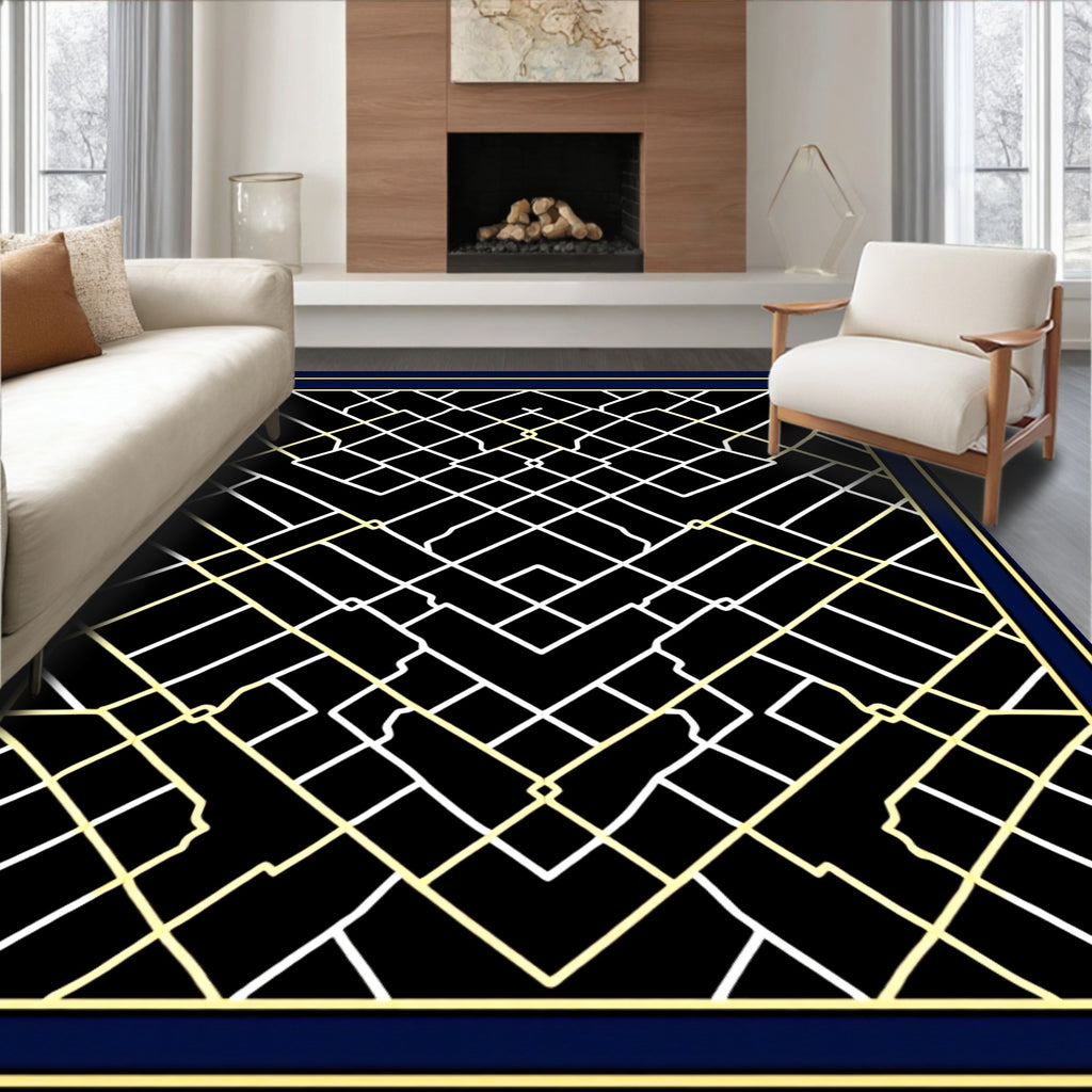 Black Geometric Lattice Line Art Rug