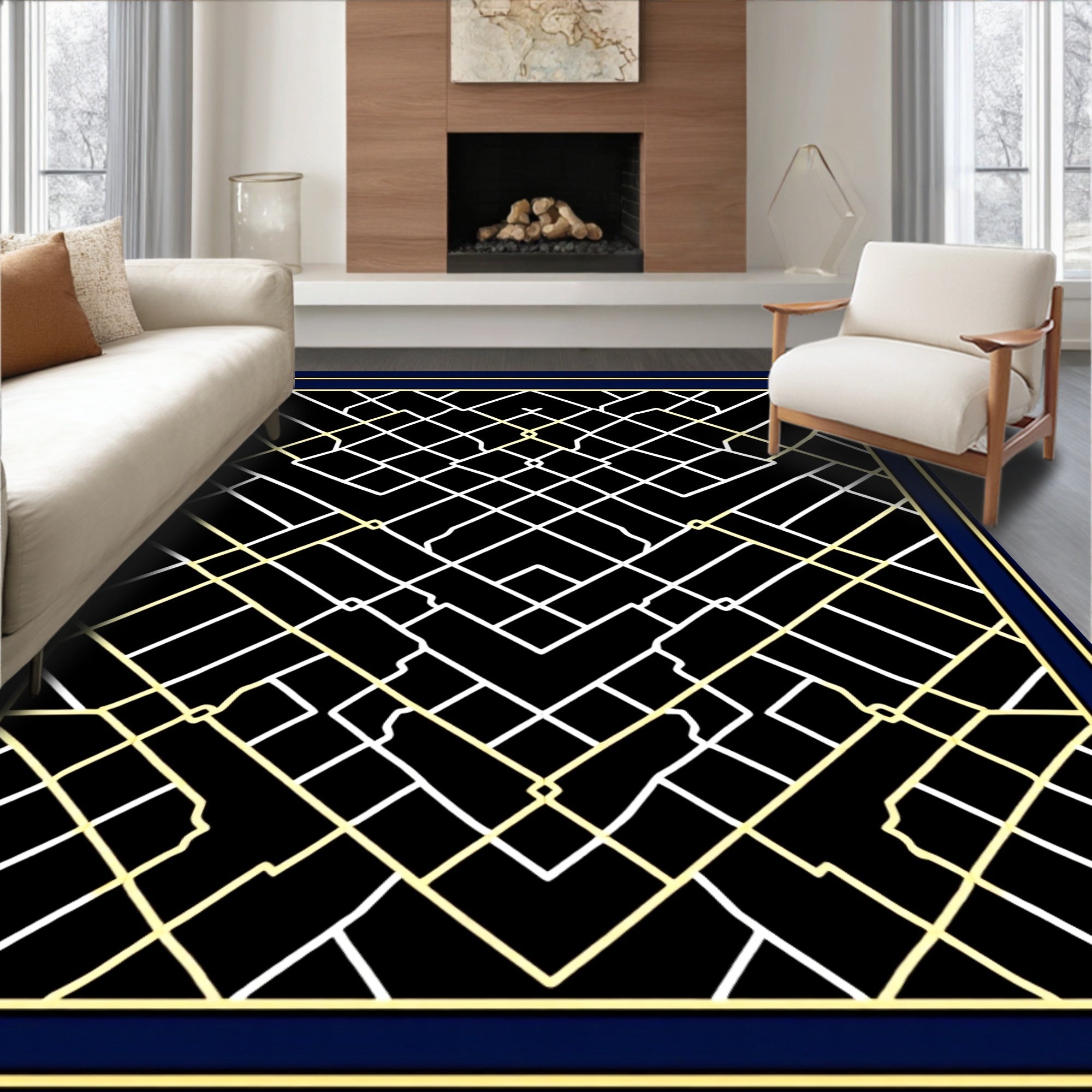 Black Geometric Lattice Line Art Rug