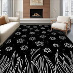 Black White Blooming Grass Flowers Rug