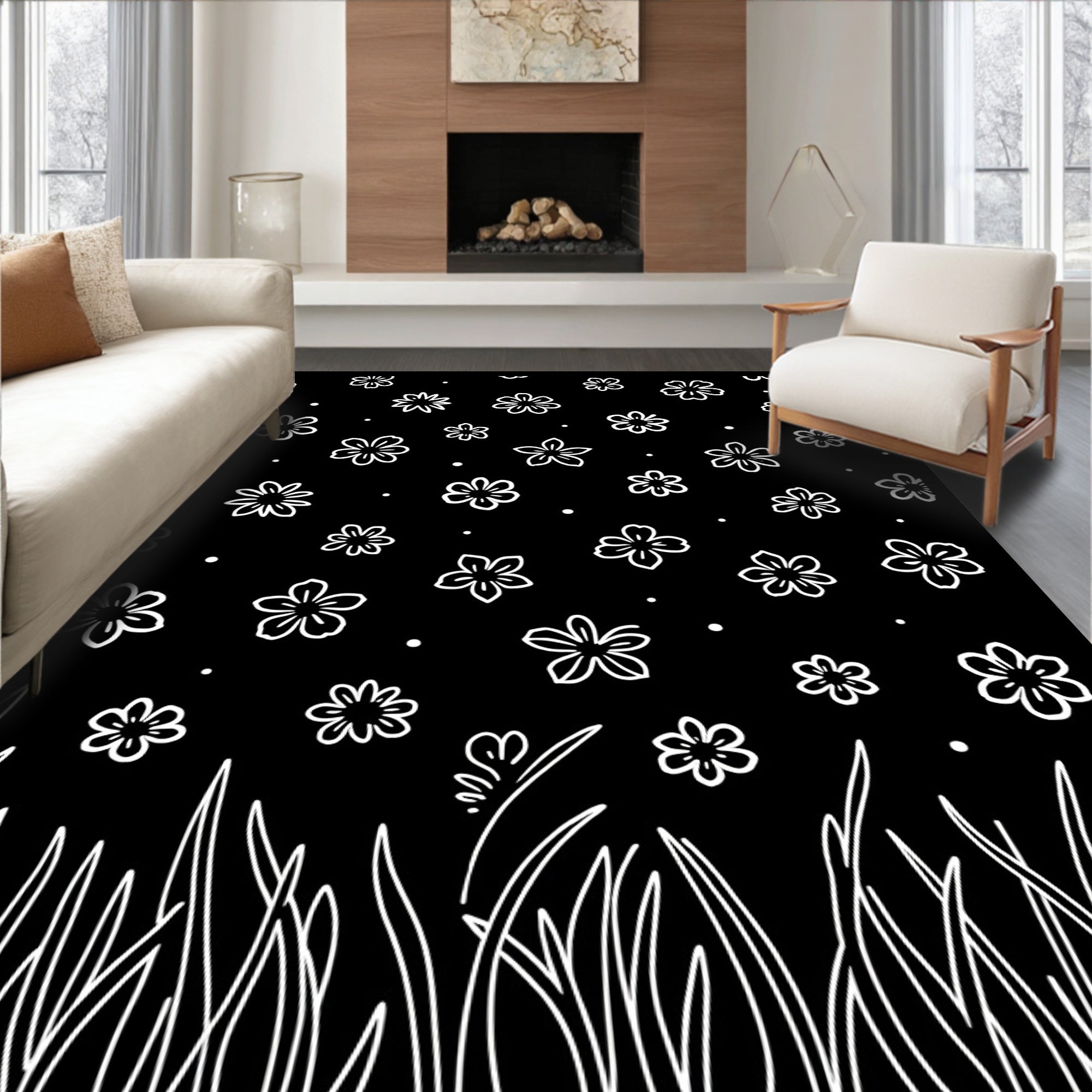 Black White Blooming Grass Flowers Rug