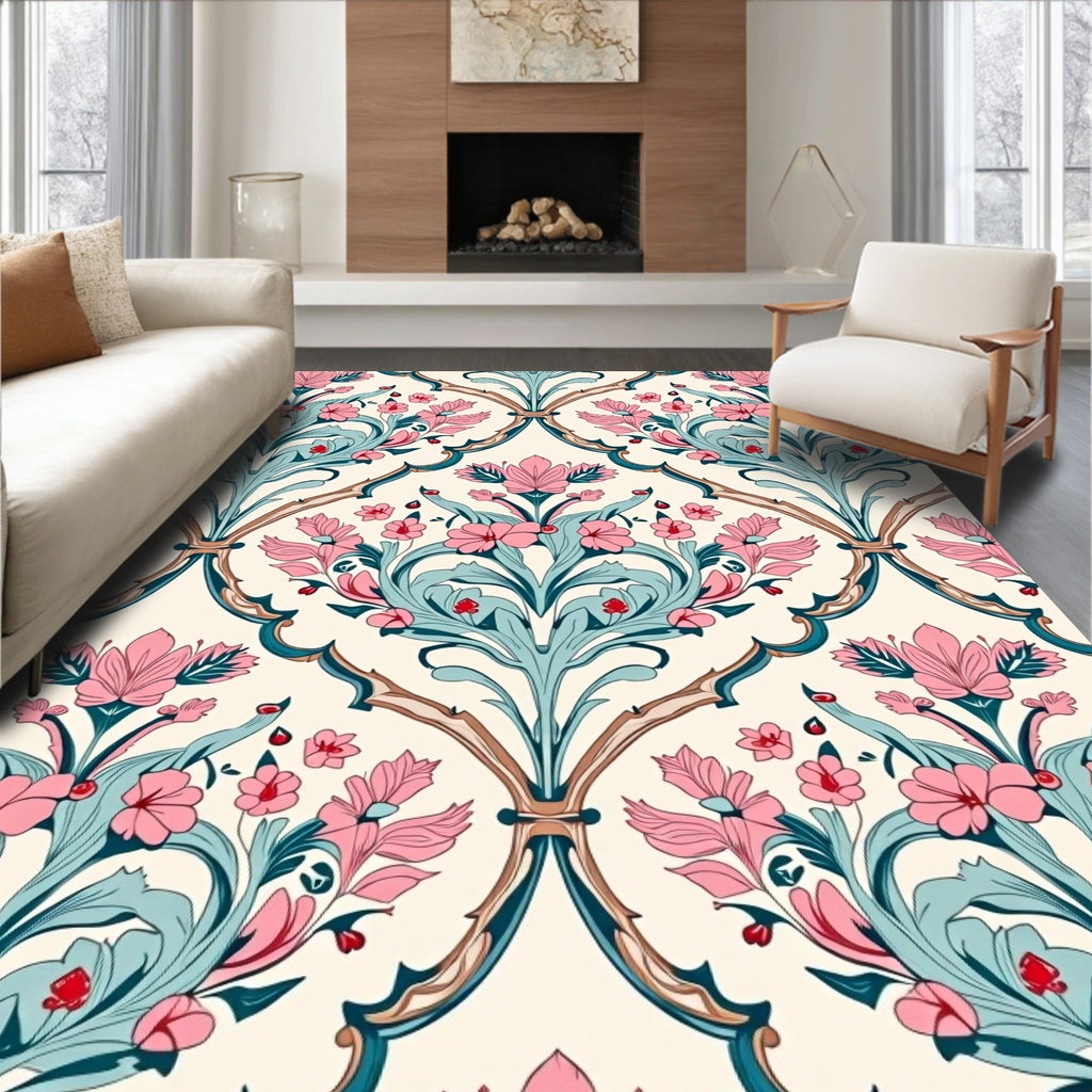 Art Nouveau Floral Pink Teal Design Rug