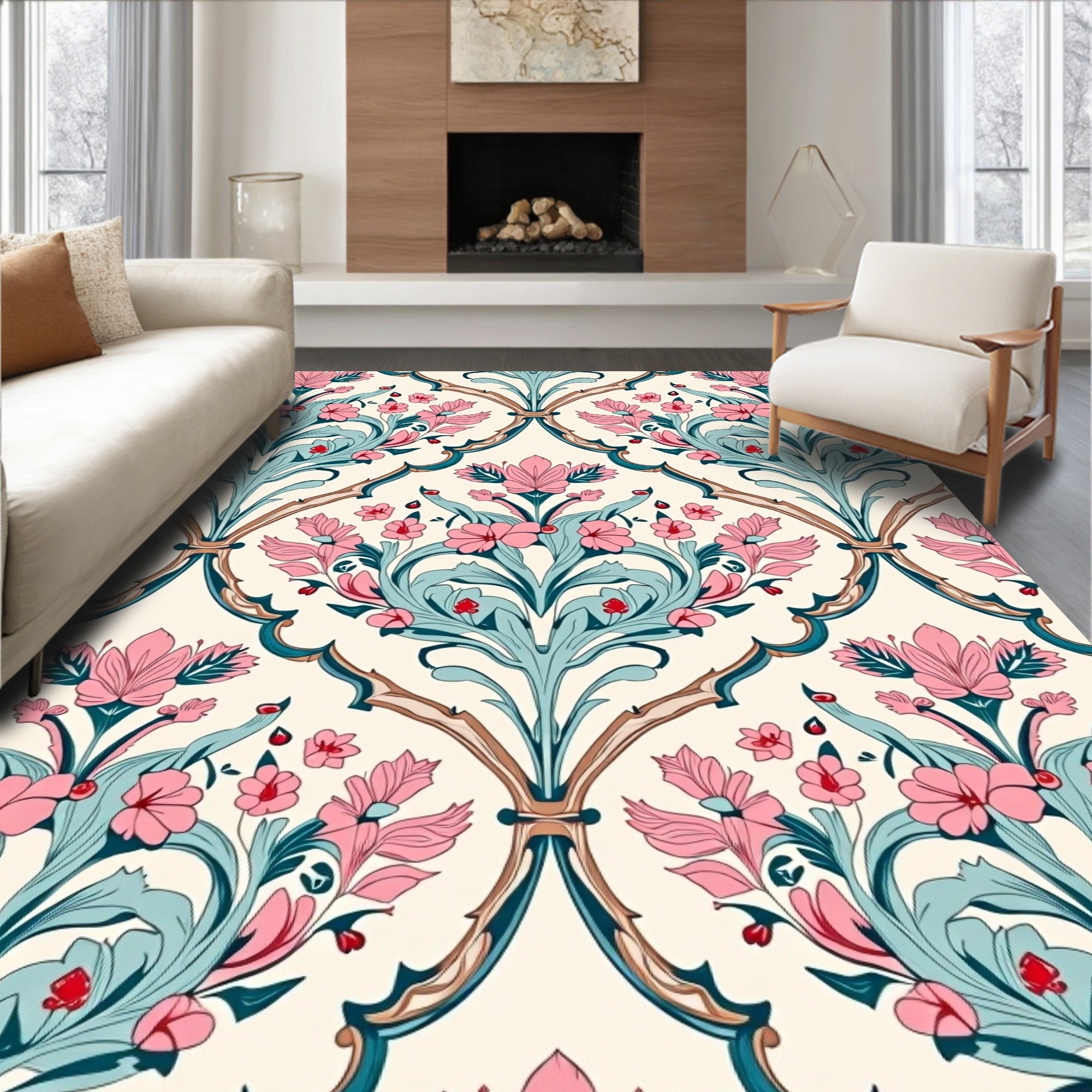Art Nouveau Floral Pink Teal Design Rug