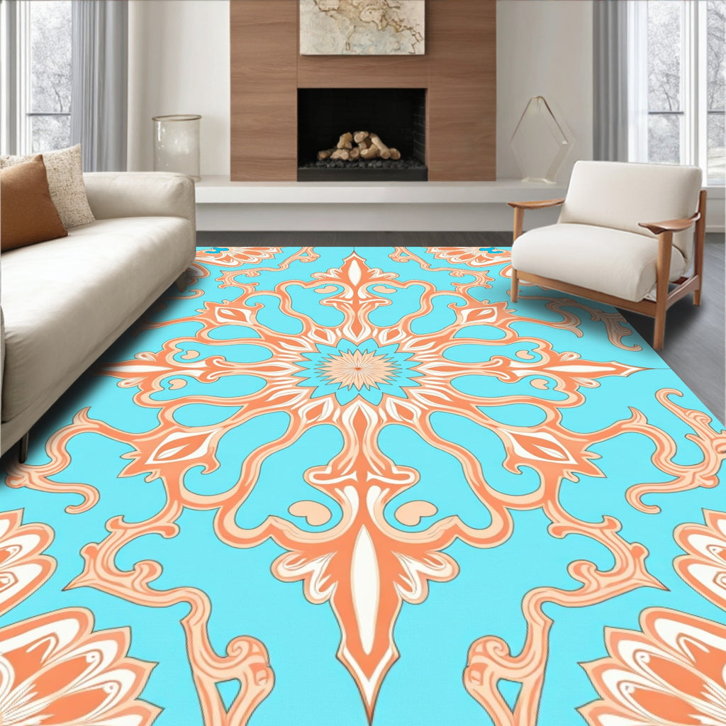 Coral Blue Floral Medallion Pattern Rug