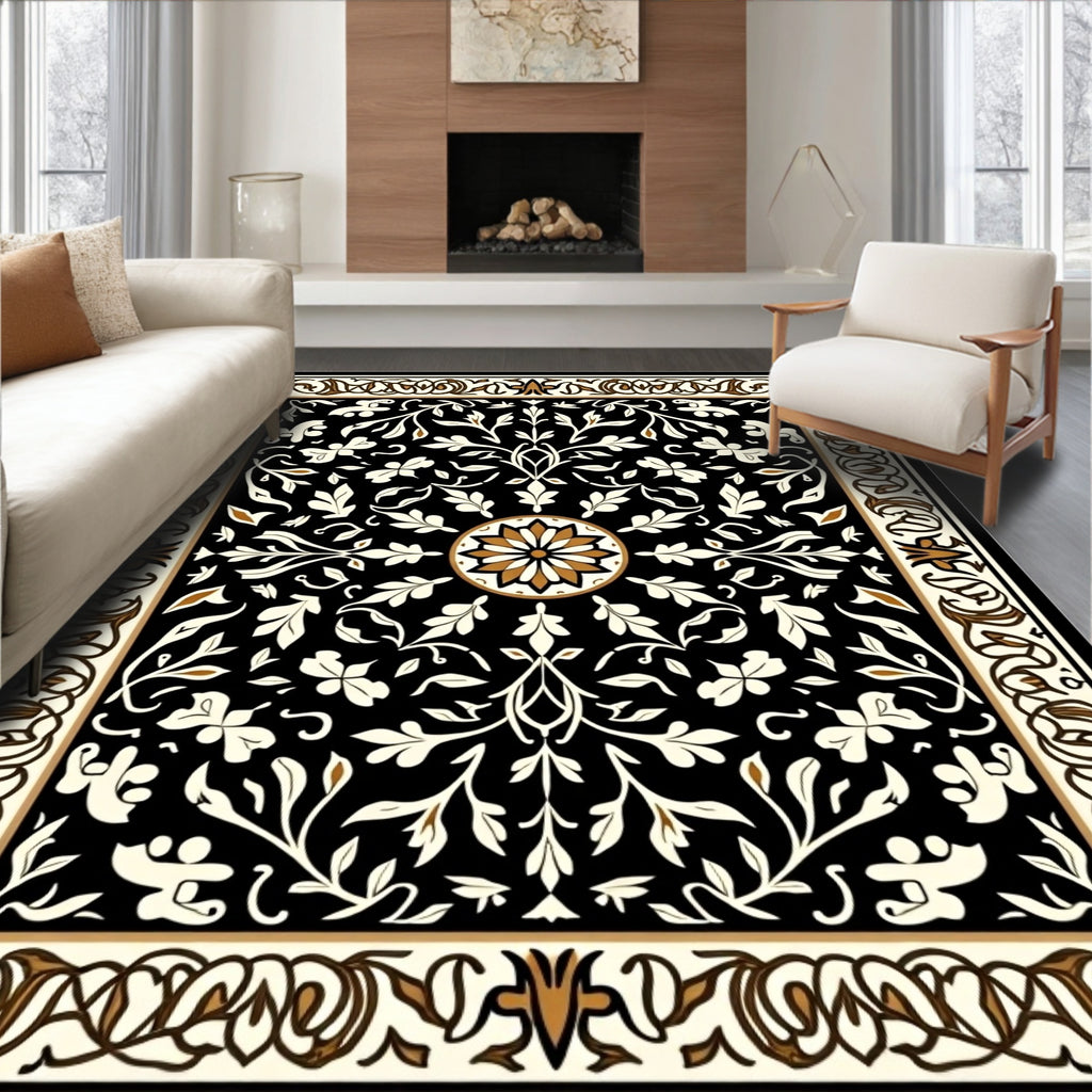 Black Floral Medallion Intricate Pattern Rug