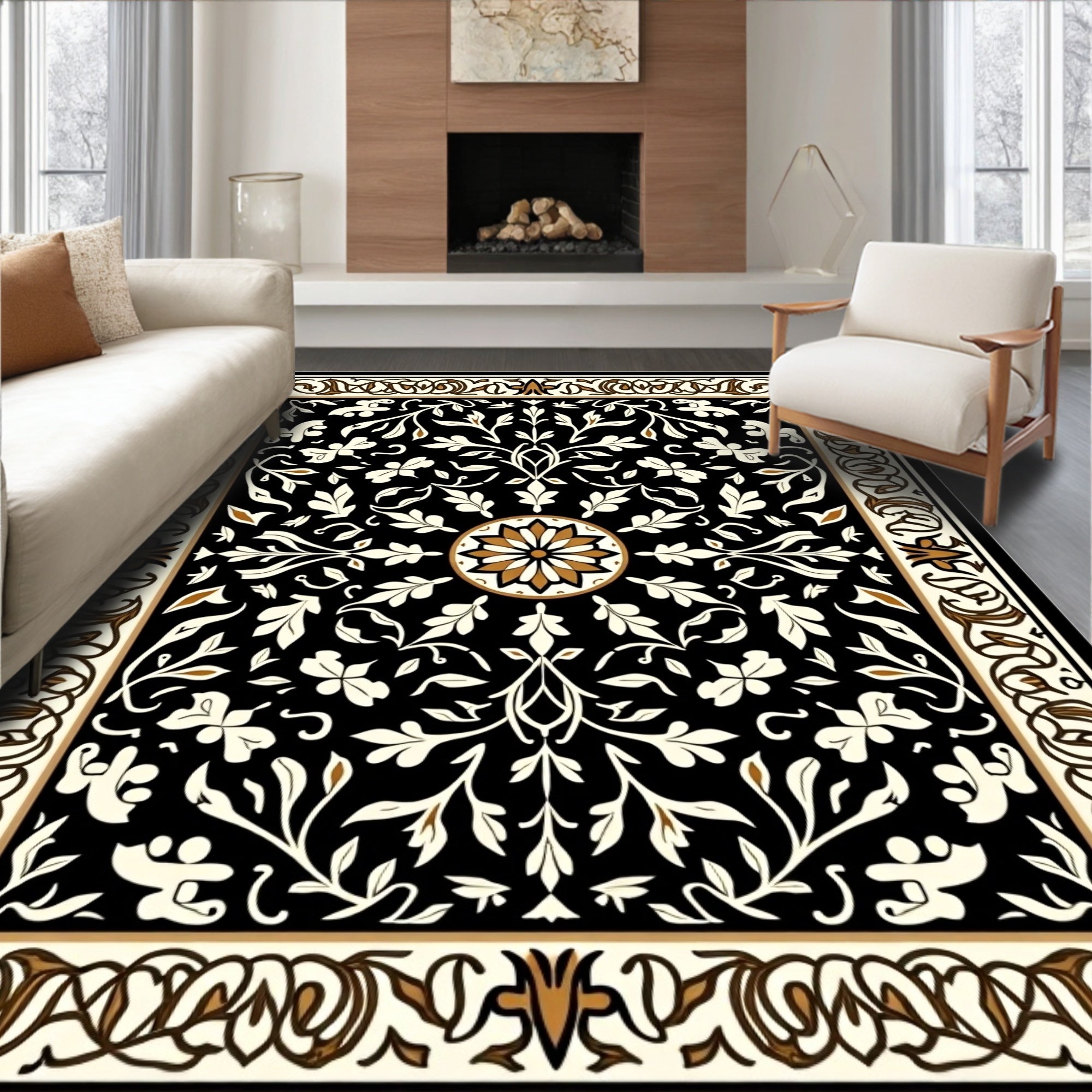 Black Floral Medallion Intricate Pattern Rug