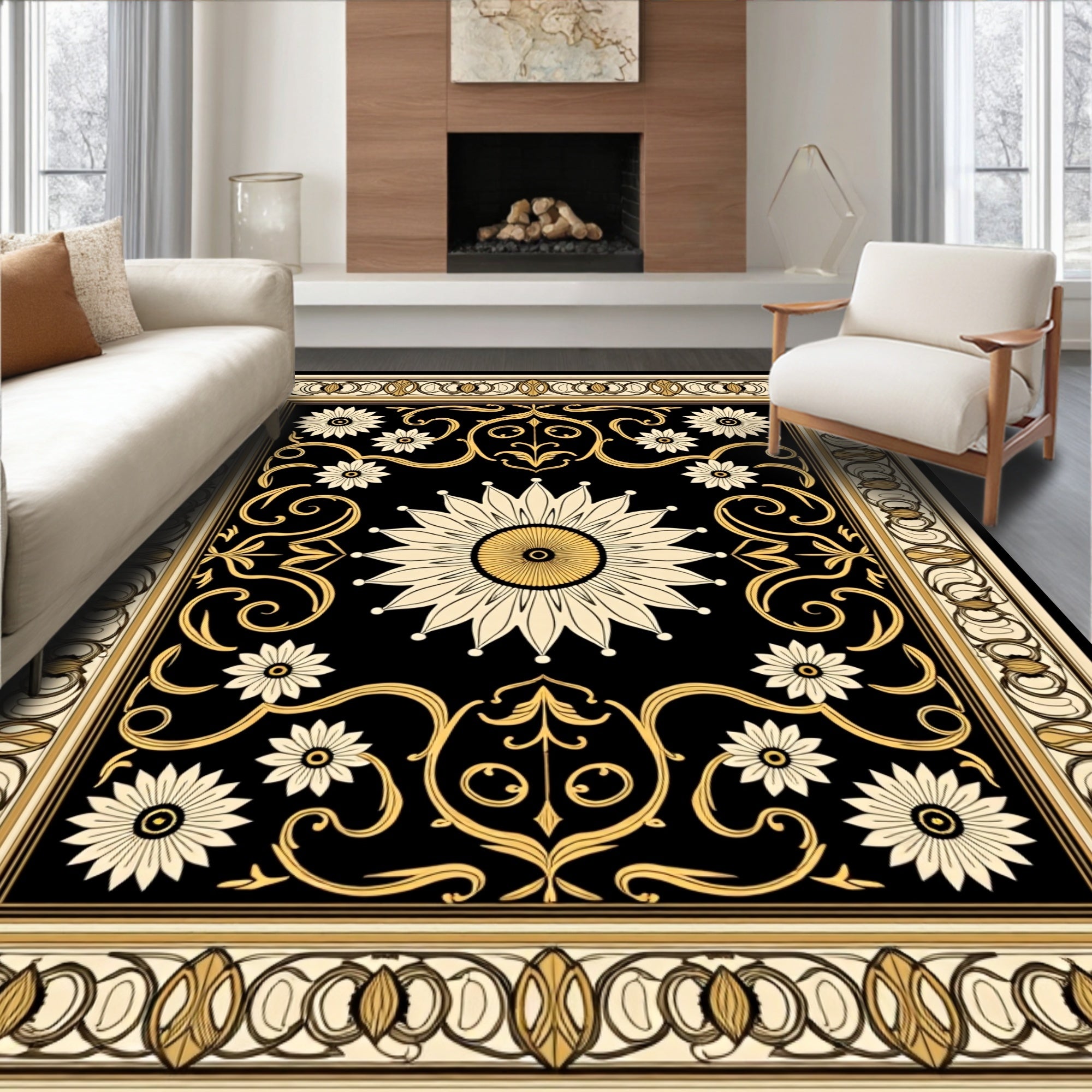 Ornate Floral Black Gold Rug