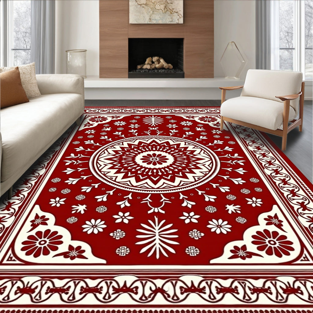 Traditional Red Cream Mandala Pattern Rug