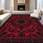 Dark Red Black Ornate Scrollwork Rug