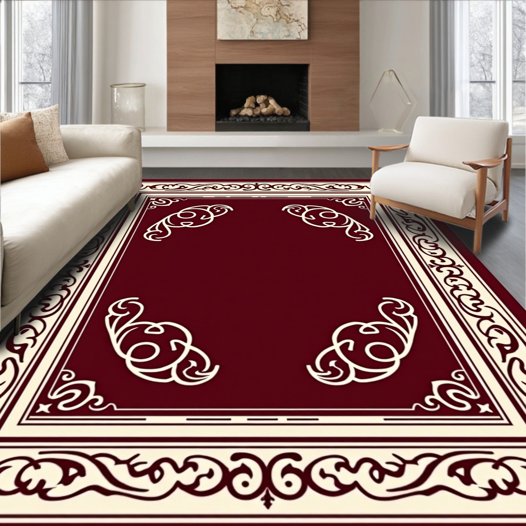 Classic Burgundy Cream Ornamental Design Rug