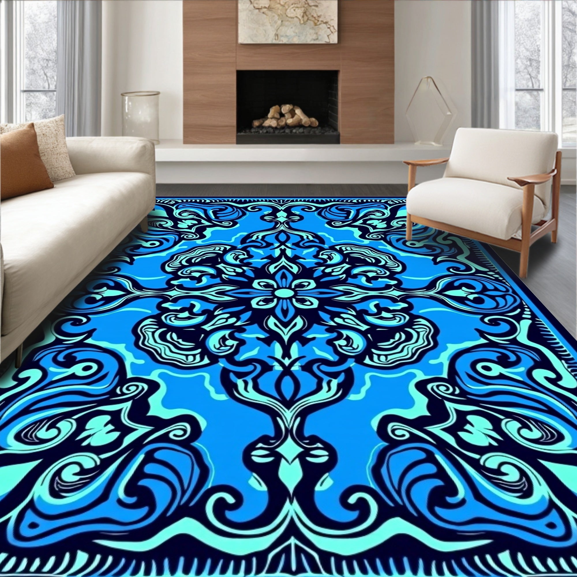 Deep Blue Abstract Symmetry Rug