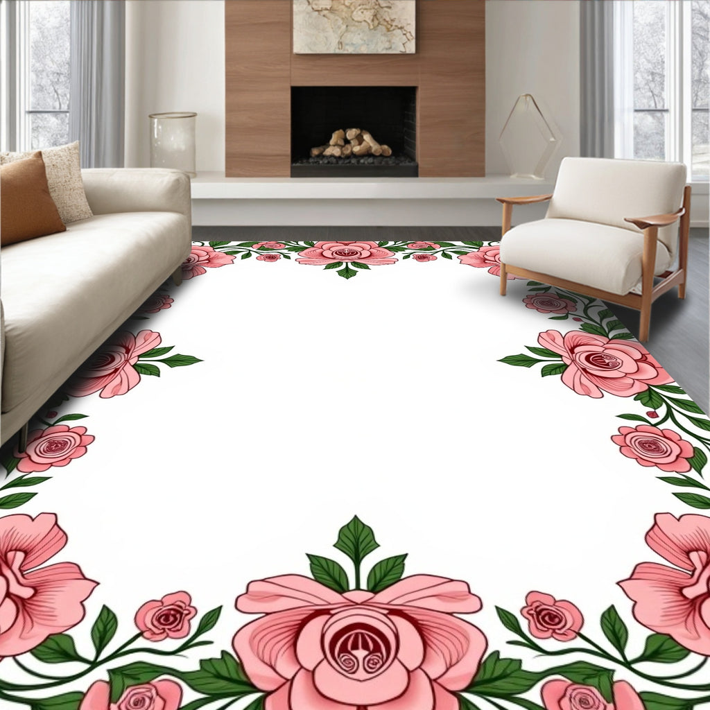 Vintage Pink Rose Floral Border Design Rug