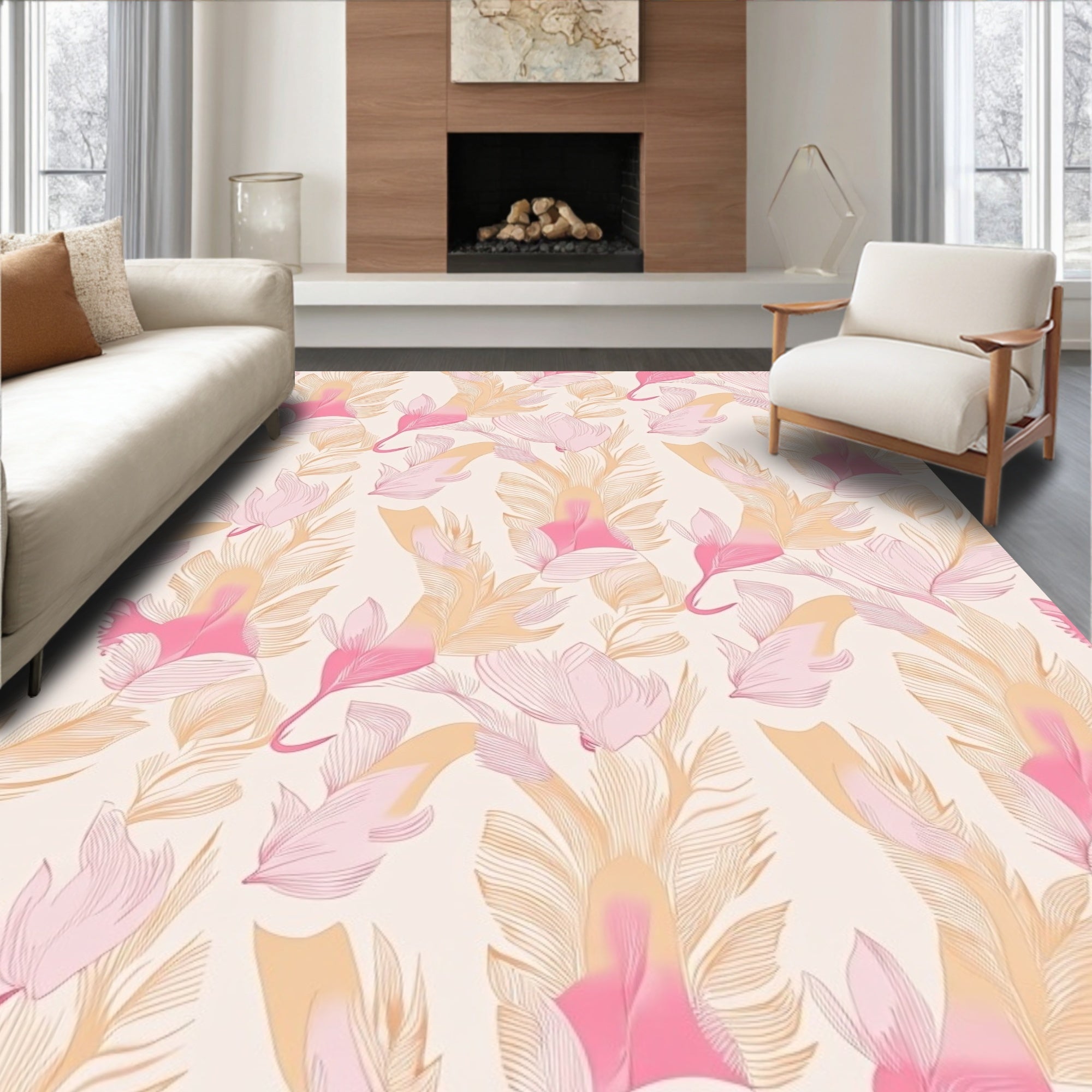 Delicate Pink Feather Blossom Pattern Rug