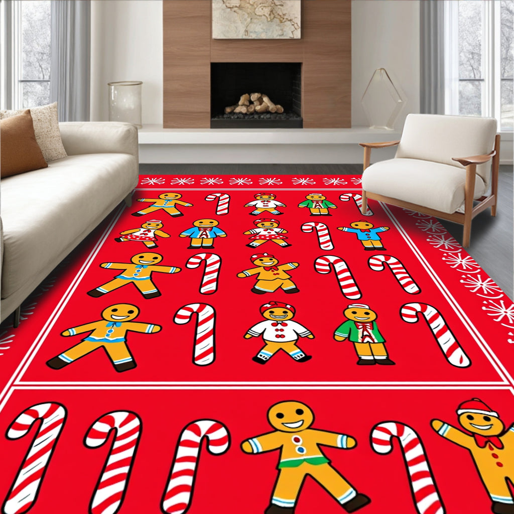 Festive Gingerbread Man Candy Cane Row Rug