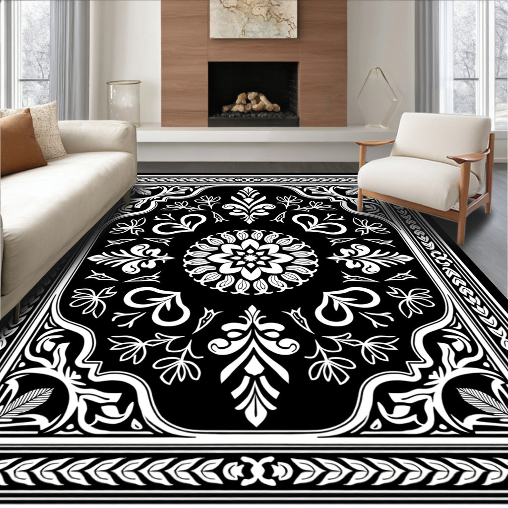 Elegant Black White Floral Mandala Rug