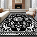 Elegant Black White Floral Mandala Rug