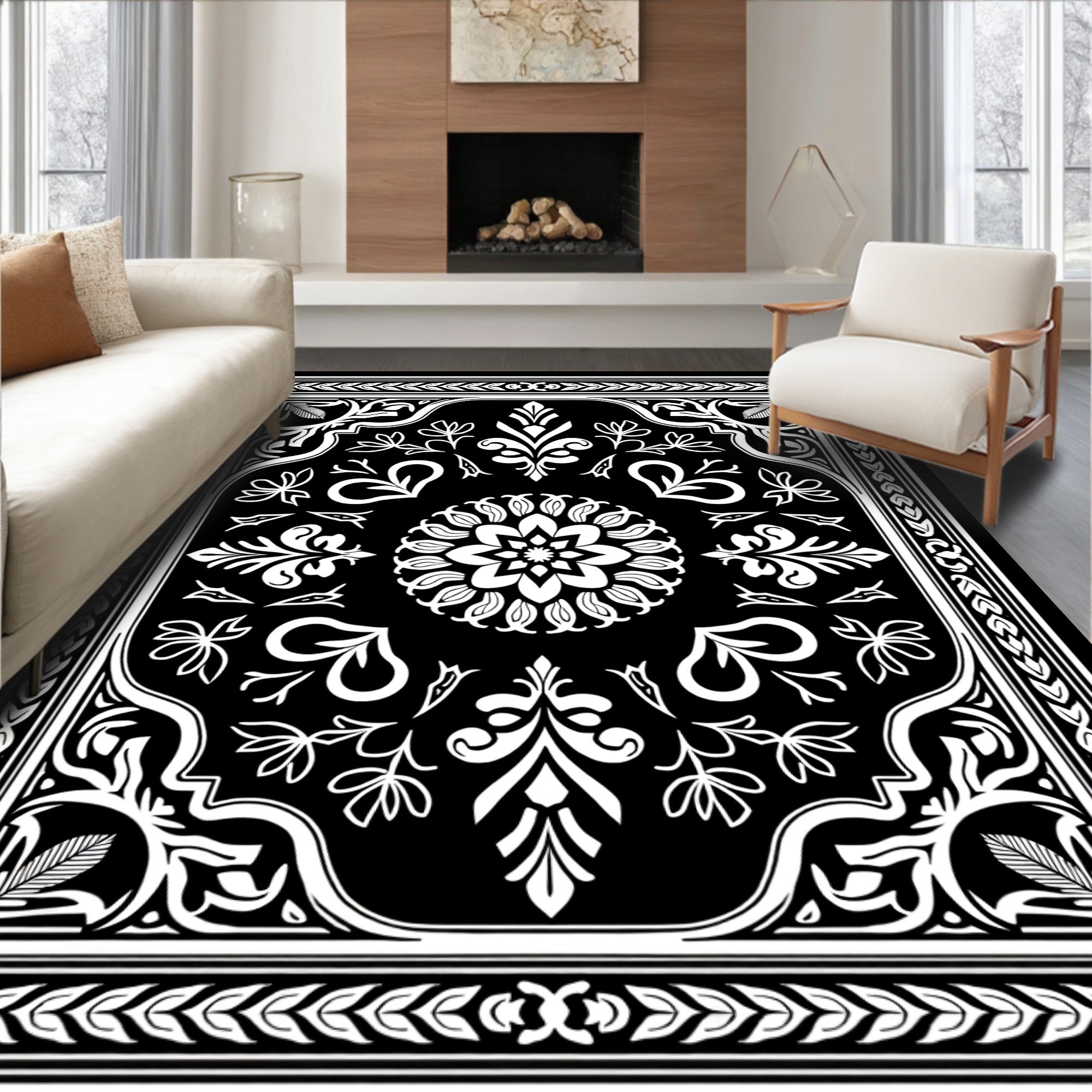 Elegant Black White Floral Mandala Rug