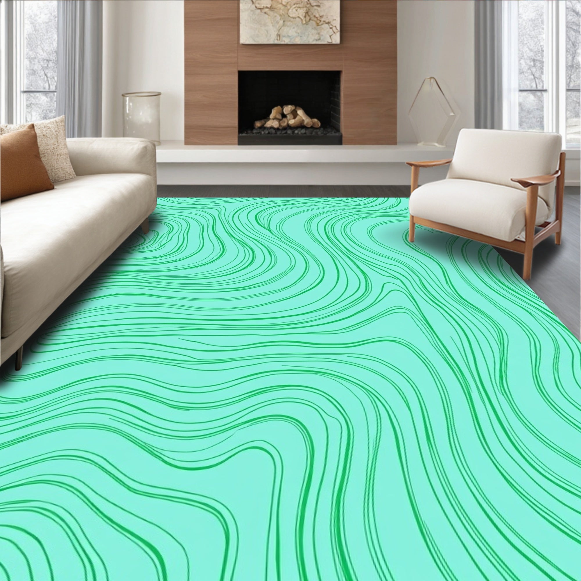 Aqua Green Swirling Abstract Lines Rug