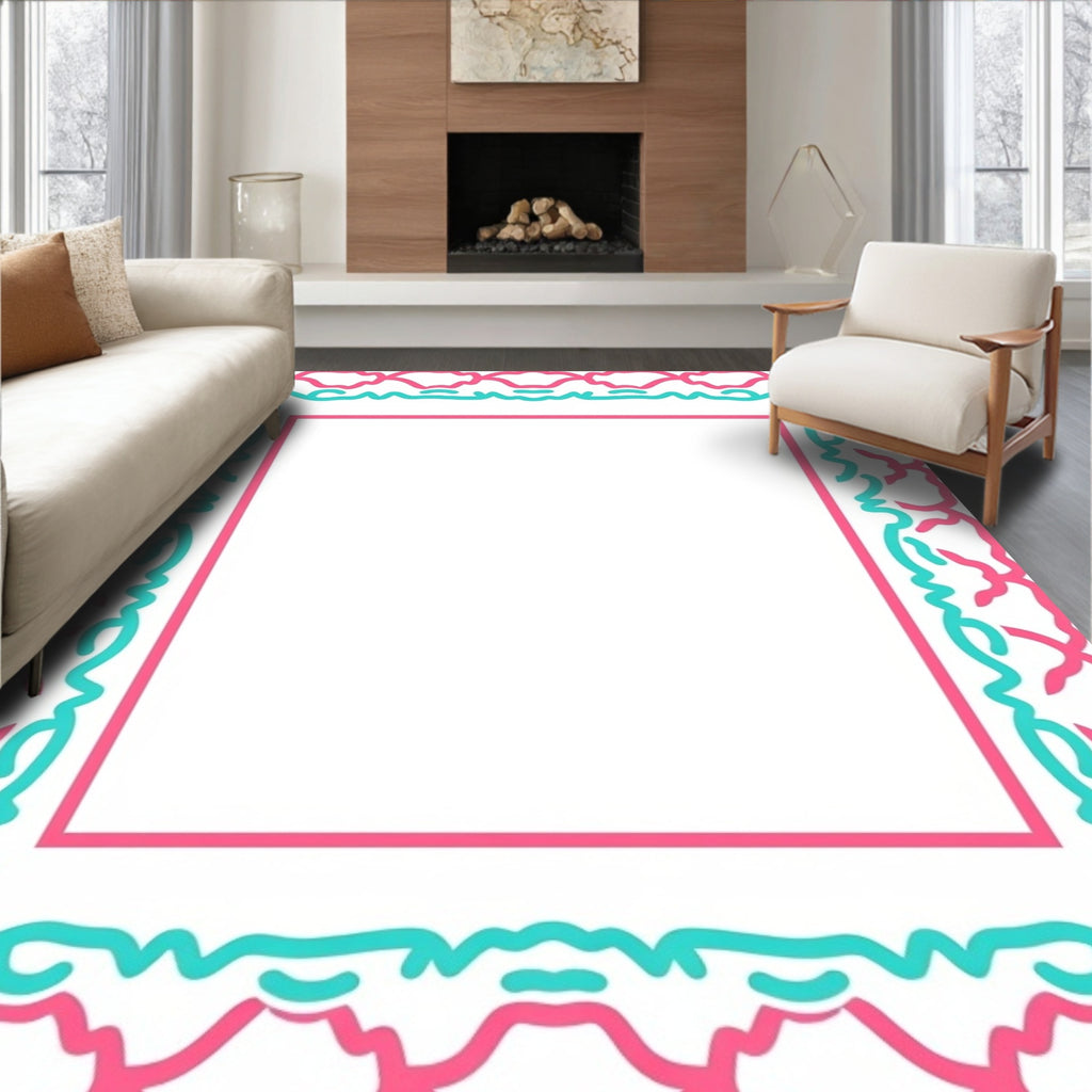 Pink And Teal Scrolling Frame Pattern Rug