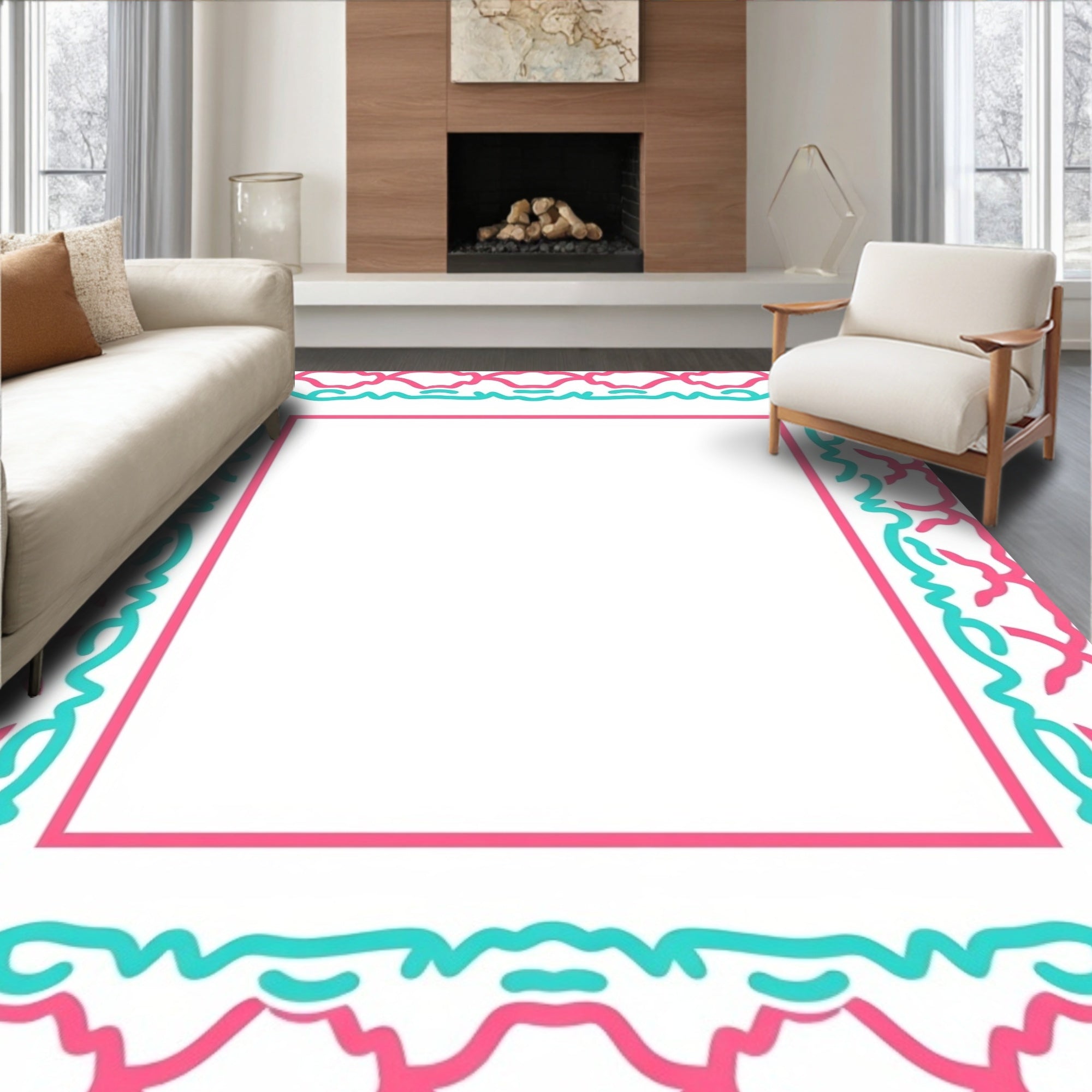 Pink And Teal Scrolling Frame Pattern Rug