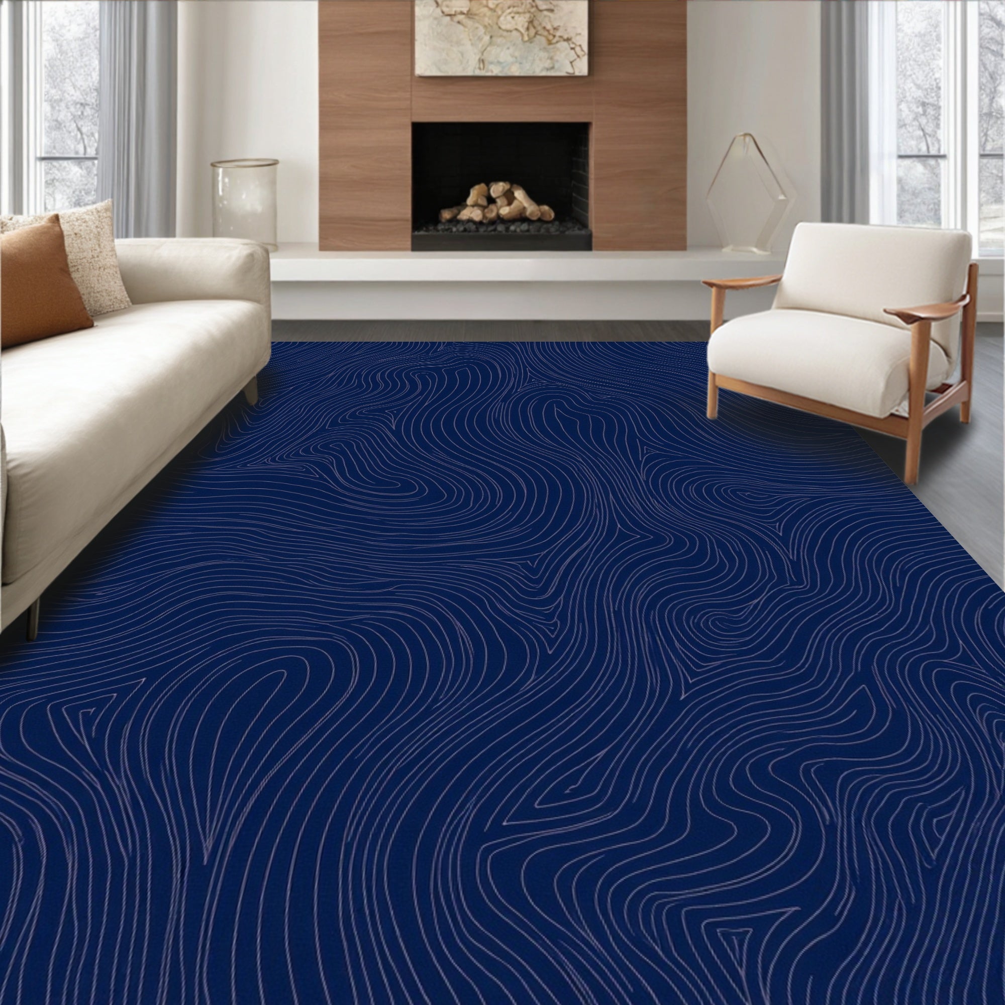 Navy Blue Swirling Topographic Lines Rug