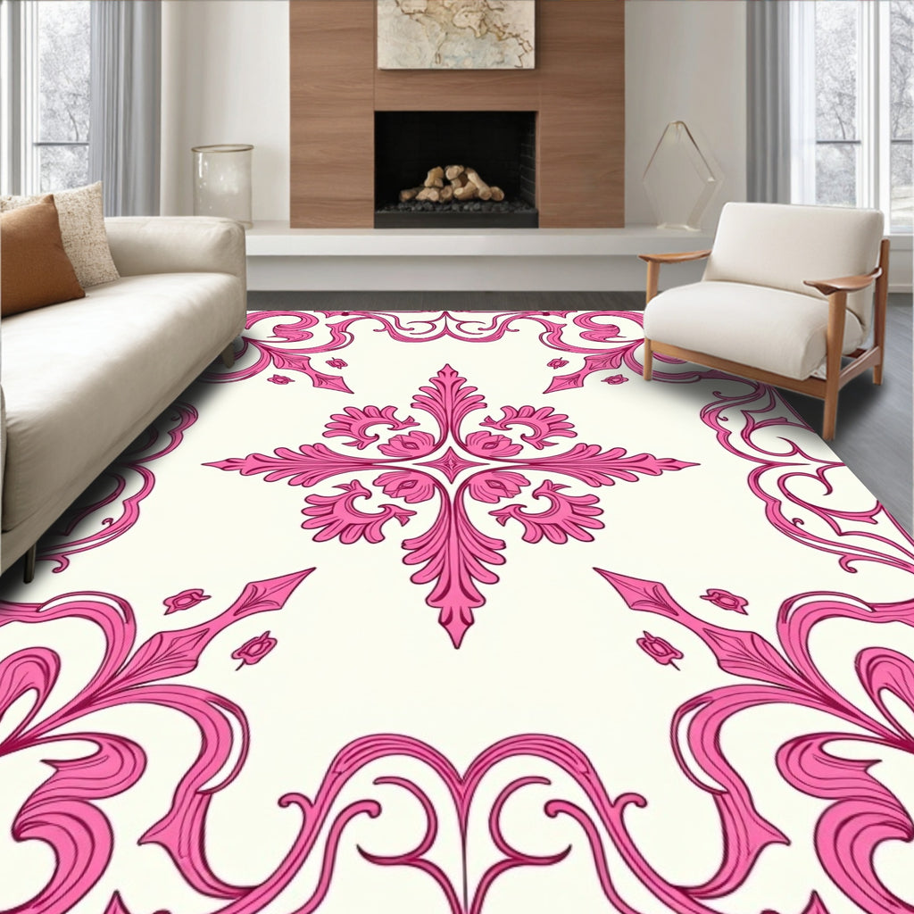 Elegant Pink Floral Scroll Pattern Rug
