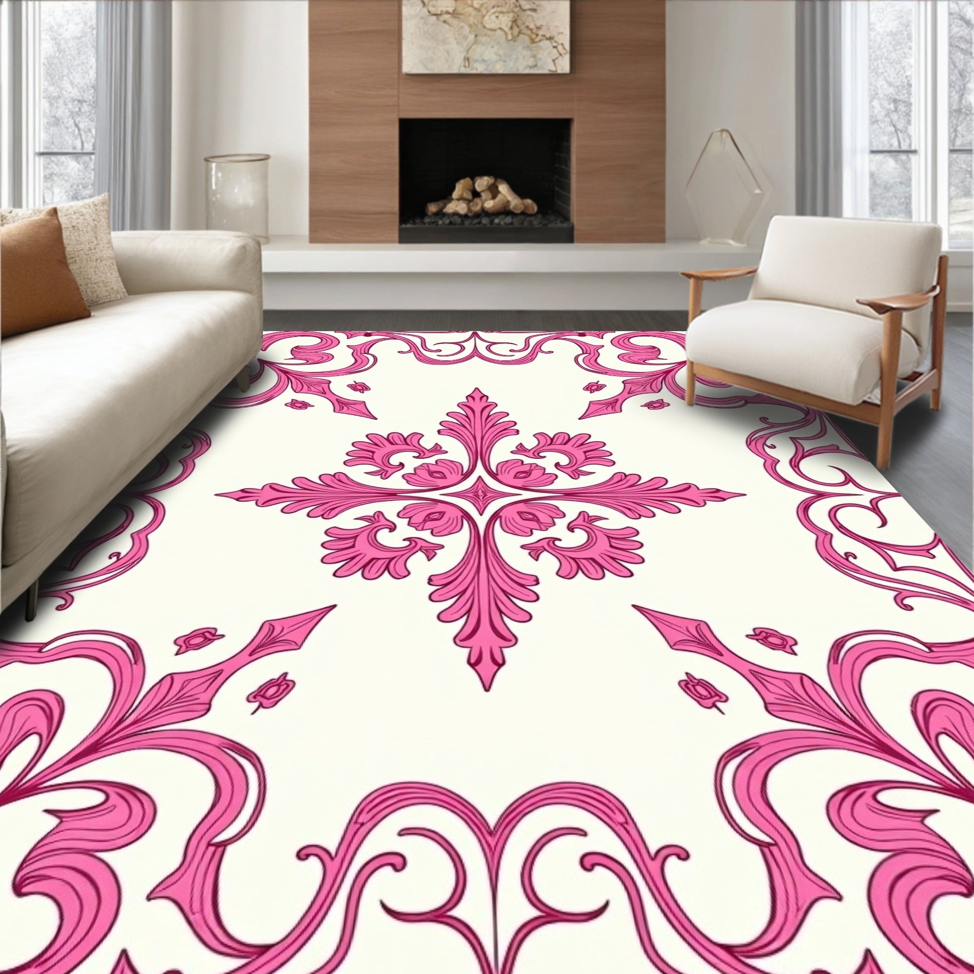 Elegant Pink Floral Scroll Pattern Rug