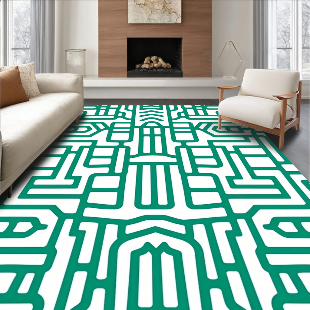 Abstract Geometric Teal Maze Pattern Rug
