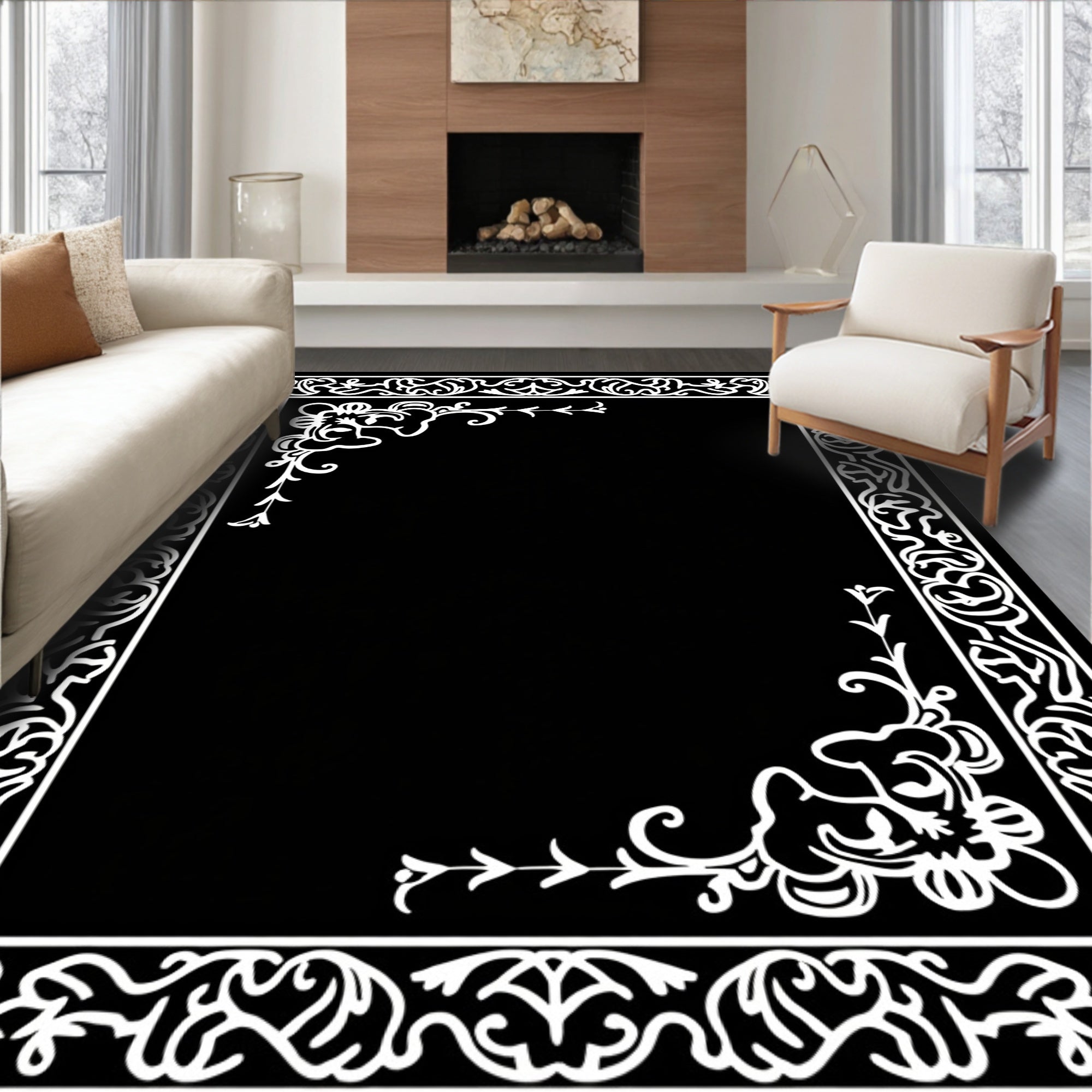 Intricate White Floral Border Pattern Rug