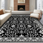 Ornate Floral Black White Pattern Rug